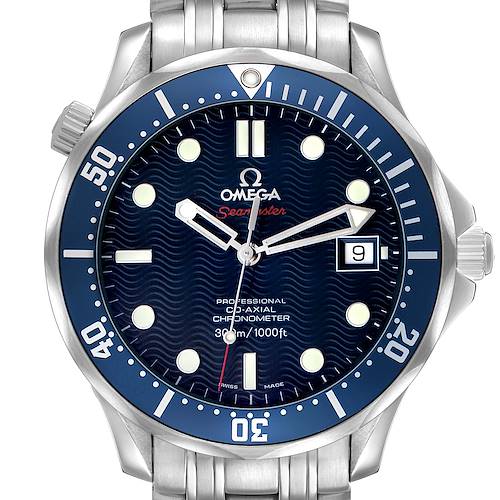 The Omega Seamaster 2220.80.00 Men's Stainless Steel Blue Dial watch is shown from a top view, displaying the dial, bezel, and bracelet.