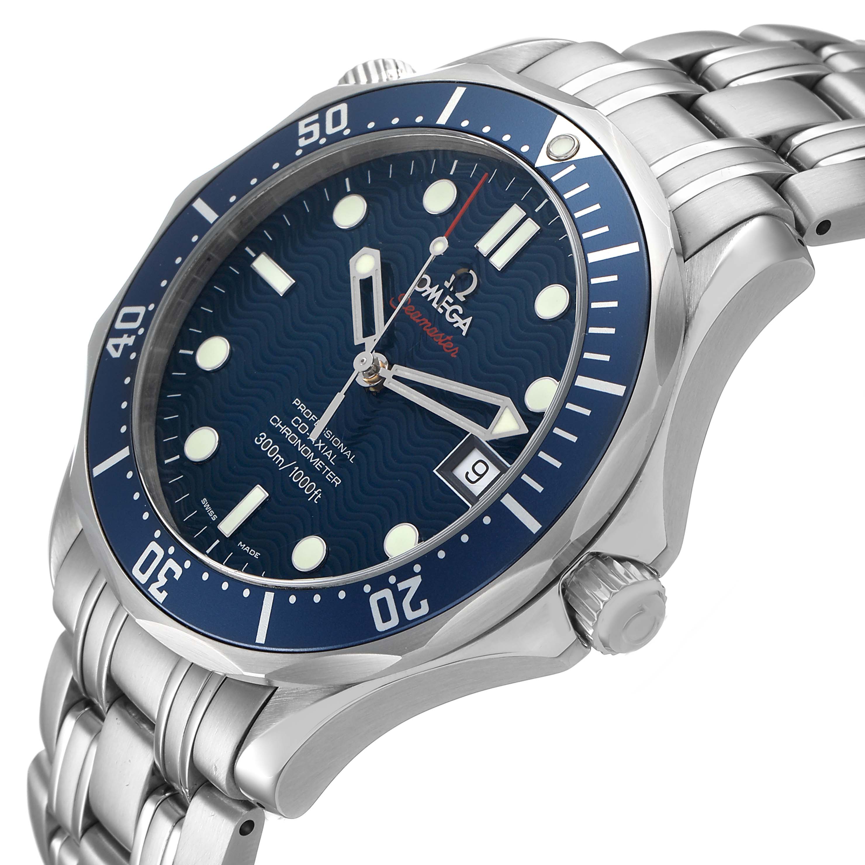 The Omega Seamaster 2220.80.00 Men's Stainless Steel Blue Dial watch is shown at a slight angle, highlighting the bezel, dial, bracelet, and crown.