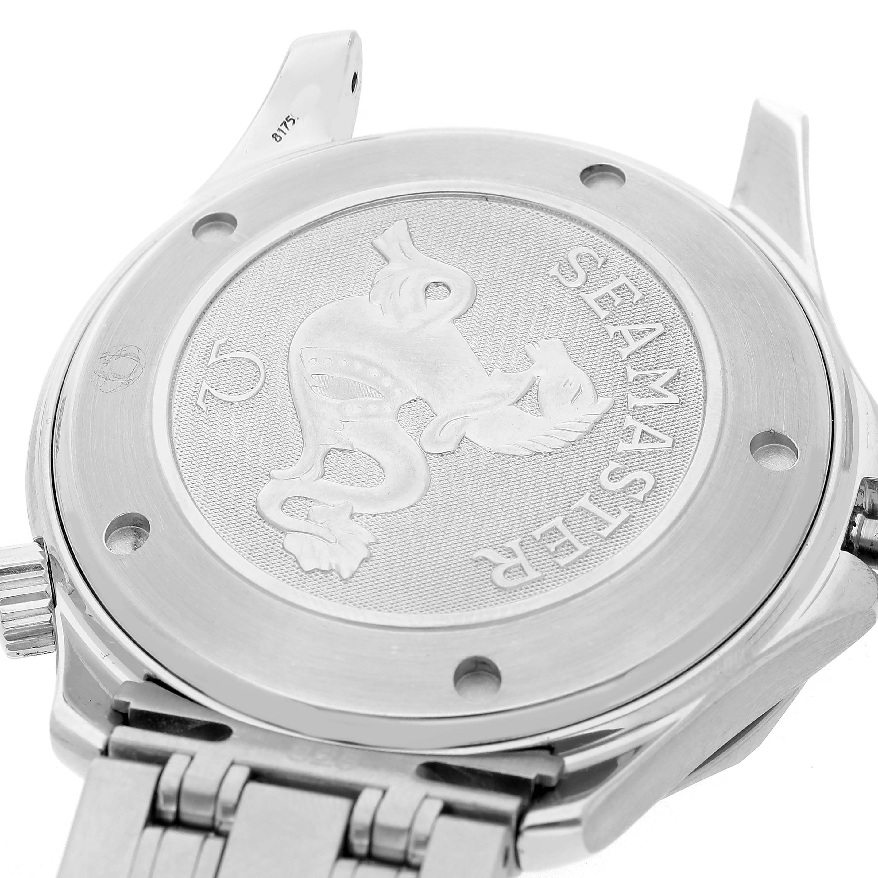 The image shows the back case of an Omega Seamaster 2220.80.00 Men's Stainless Steel Blue Dial watch, highlighting the engraved logo and bracelet attachment.