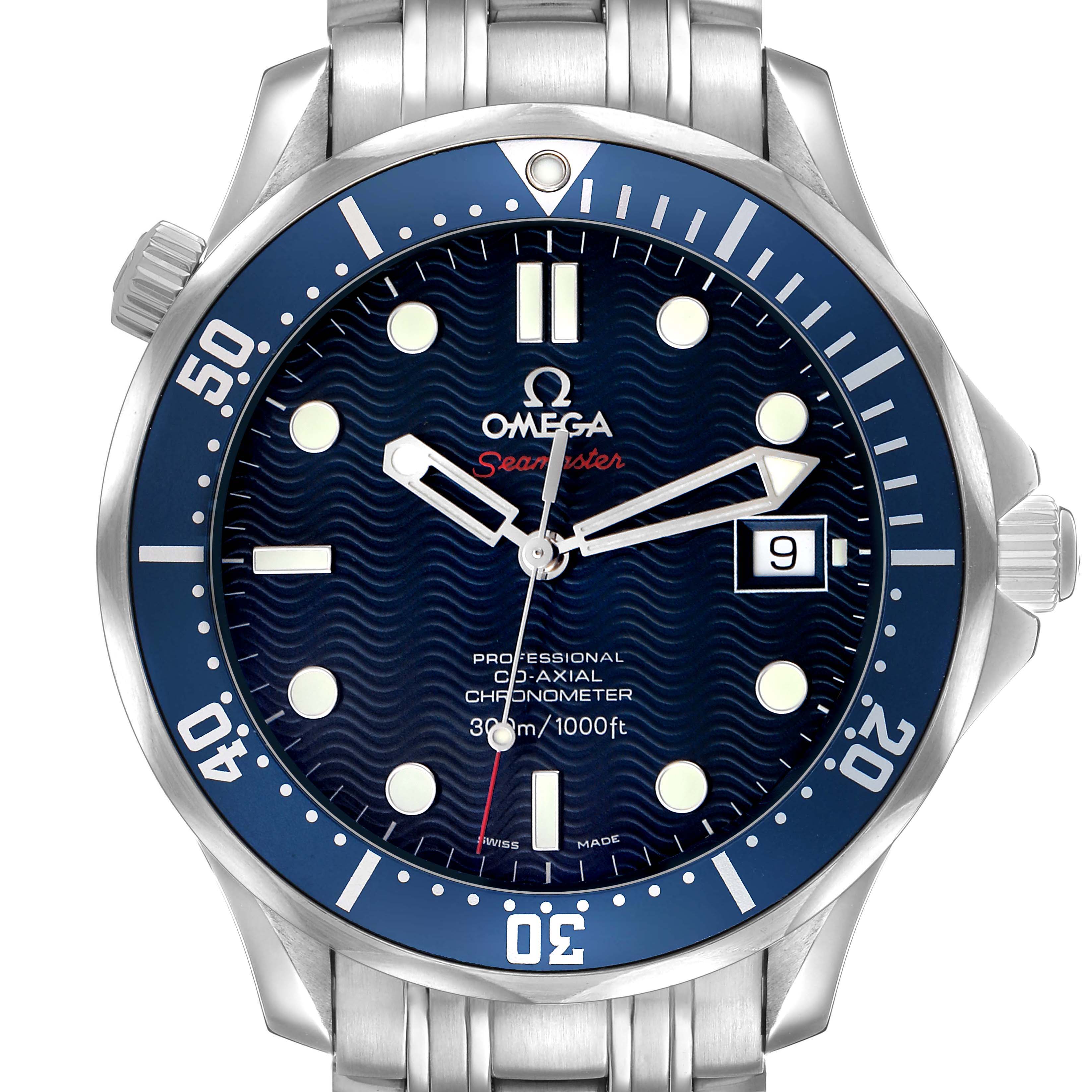 The Omega Seamaster 2220.80.00 Men's Stainless Steel Blue Dial watch is shown from the front, highlighting the blue bezel, wave-pattern dial, hands, indices, and date window.