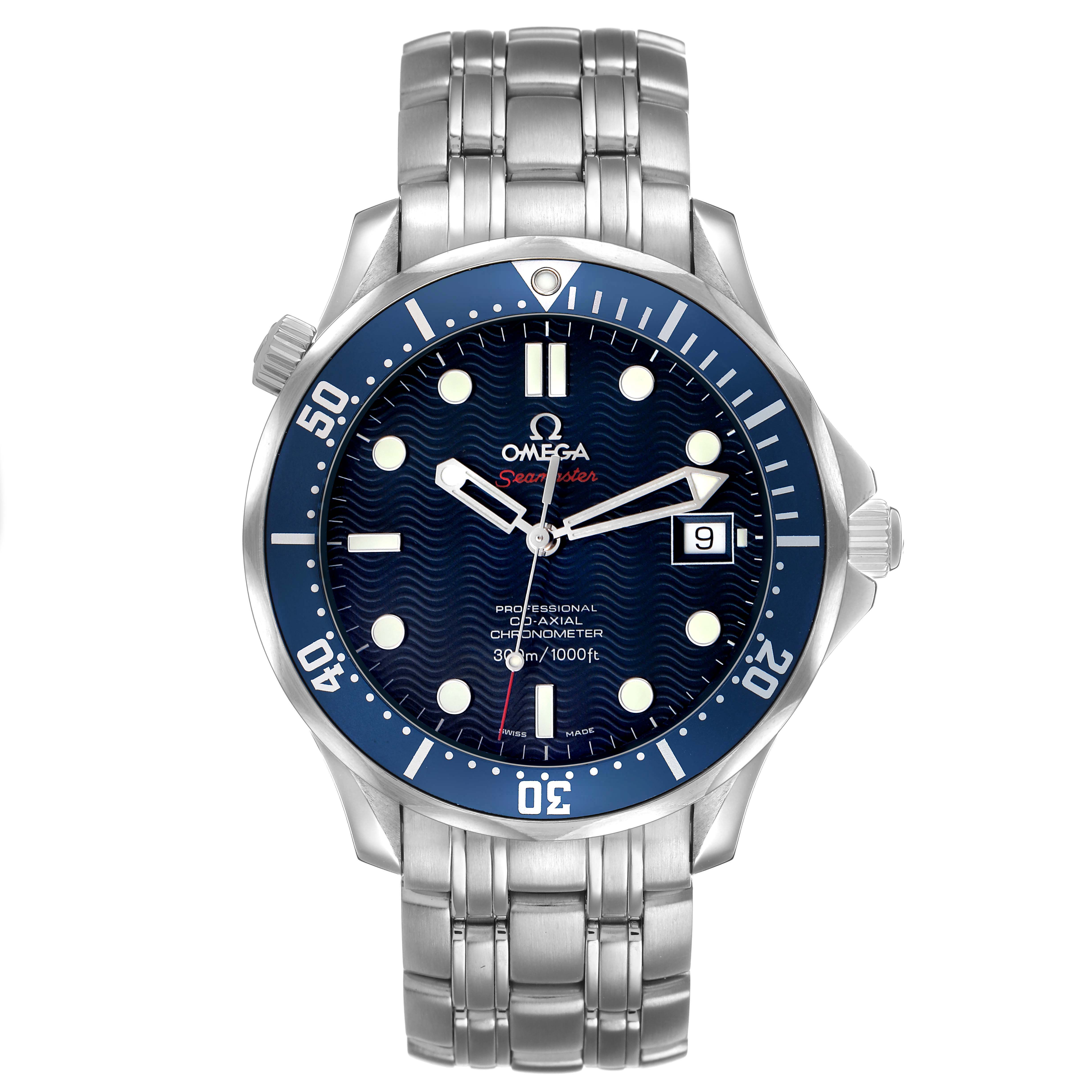 The Omega Seamaster 2220.80.00 Men's Stainless Steel Blue Dial watch is shown from a front view, displaying the face, bezel, and bracelet.