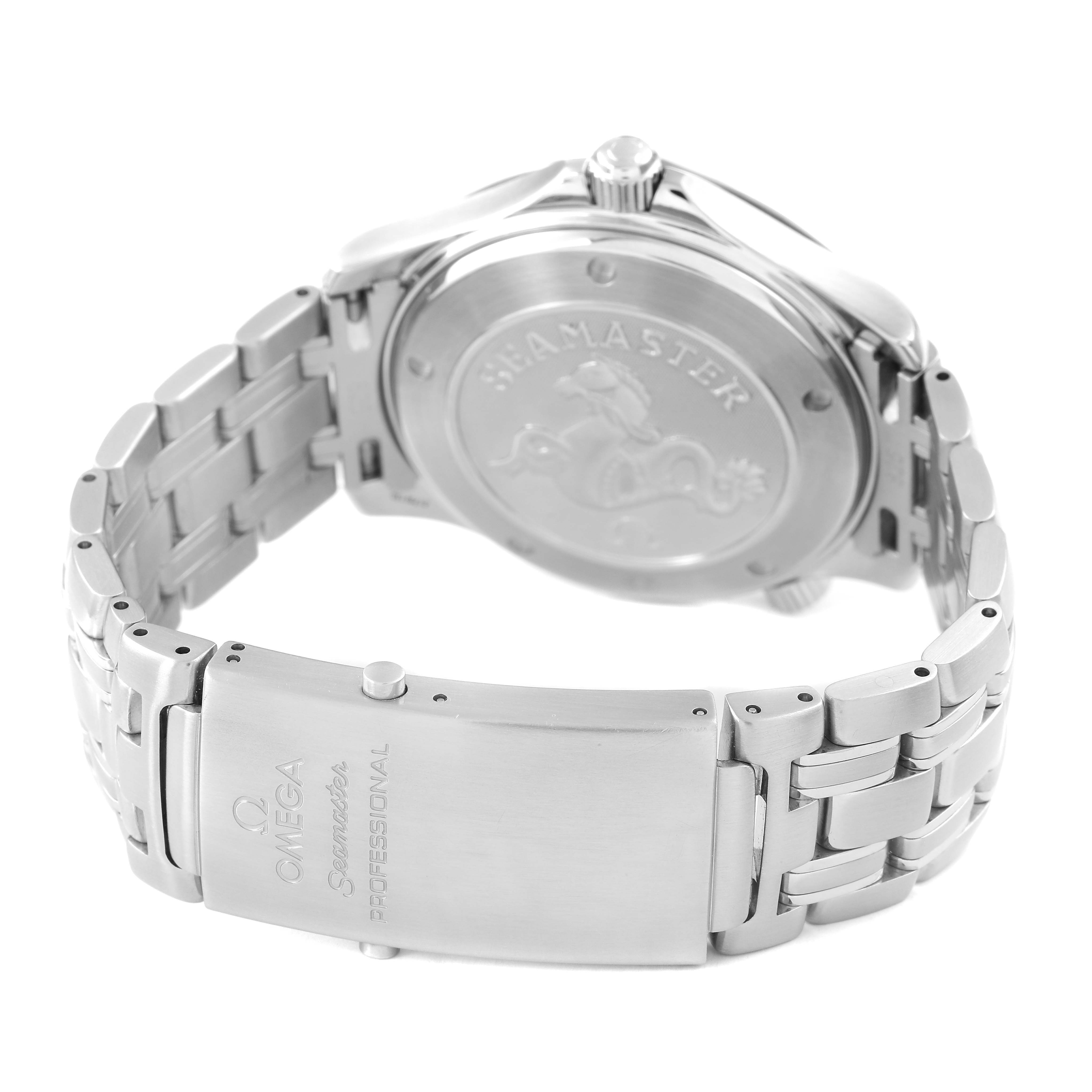 The Omega Seamaster 2220.80.00 Men's Stainless Steel Blue Dial is shown from the back, highlighting the engraved case back and metal bracelet with clasp.