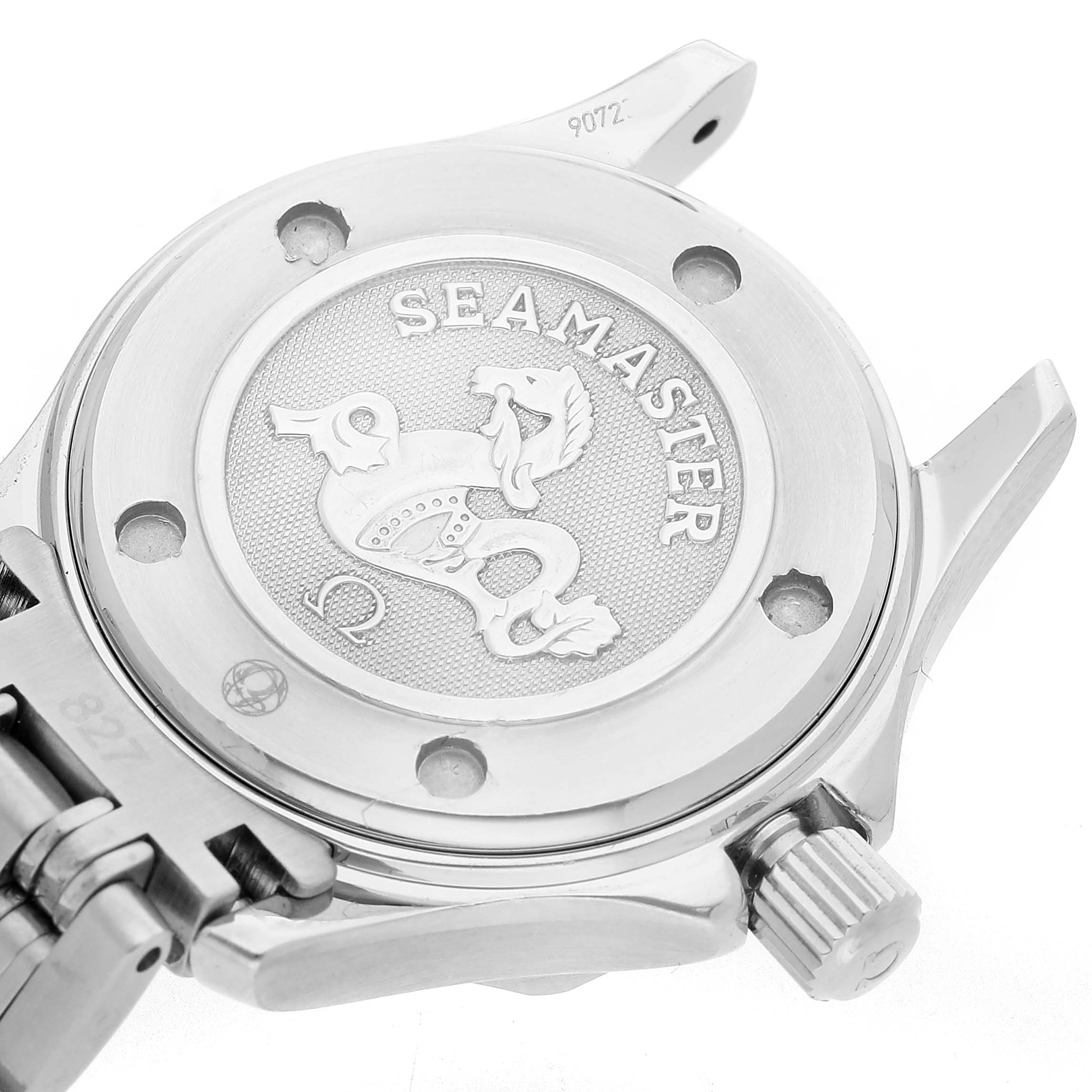 The image shows the back of the Omega 212.30.28.61.01.001 Women's Stainless Steel Black Dial Seamaster Diver 300M Steel Ladies Watch 212.30.28.61.01.001, highlighting its case back and engraving.