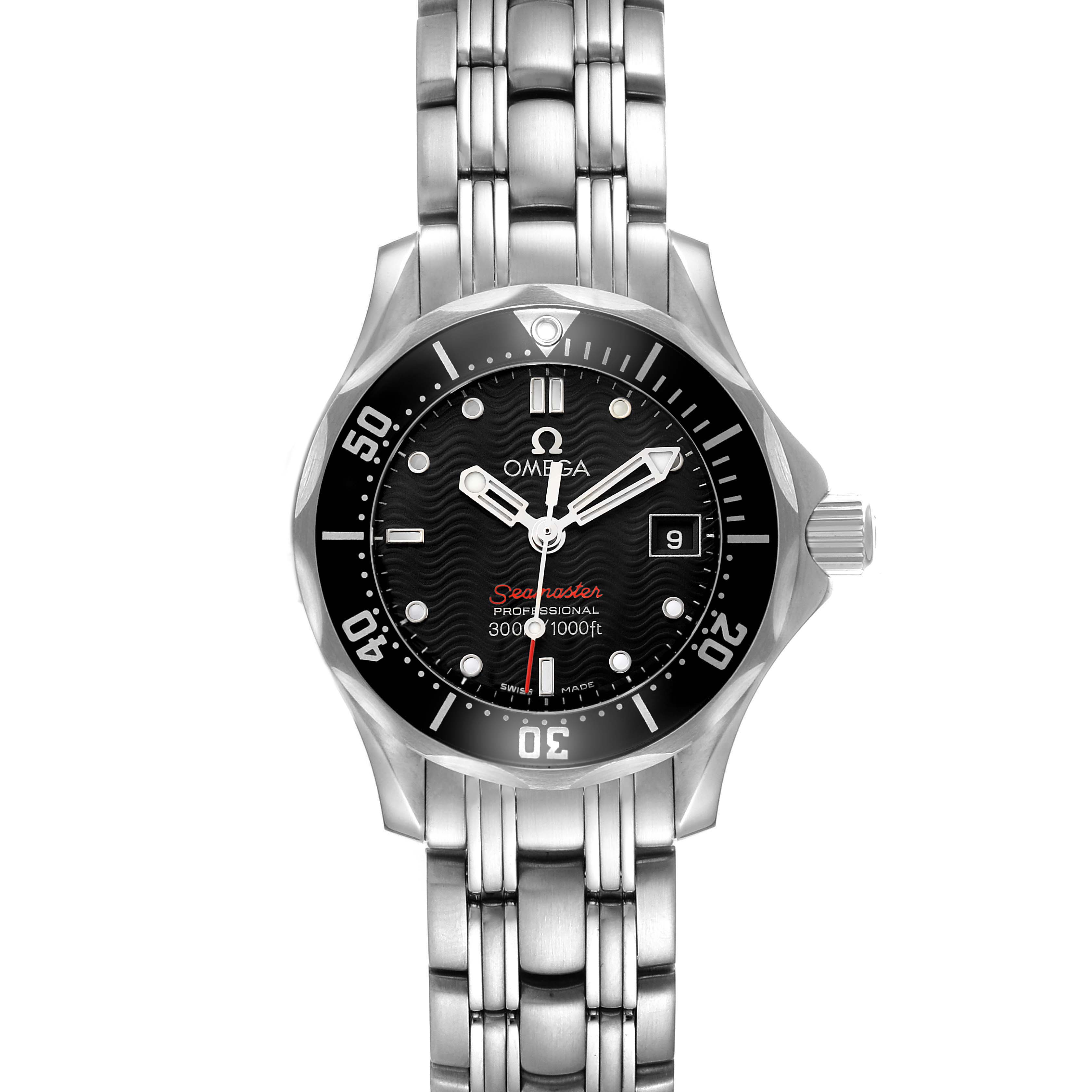 The Omega 212.30.28.61.01.001 Women's Stainless Steel Black Dial Seamaster Diver 300M Steel Ladies Watch is shown from the front, displaying the dial, bezel, bracelet, and crown.