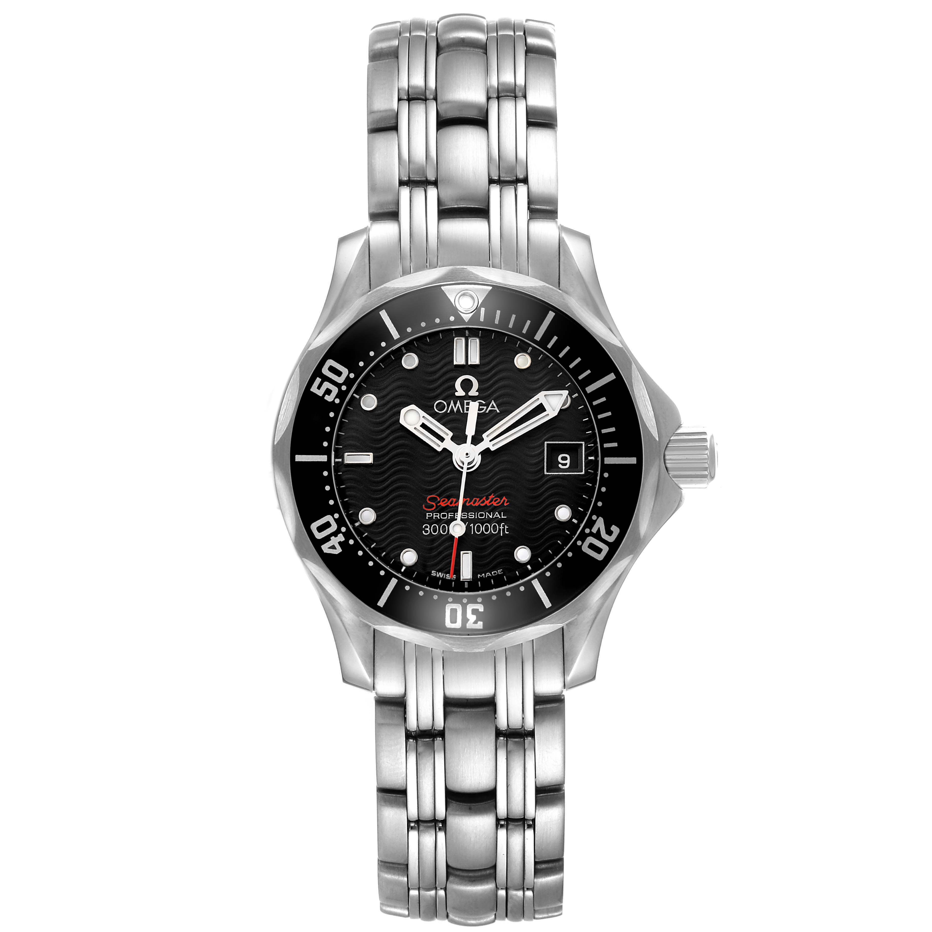 The Omega 212.30.28.61.01.001 Women's Stainless Steel Black Dial Seamaster Diver 300M Steel Ladies Watch is shown from a front angle, displaying the dial, bezel, and bracelet.