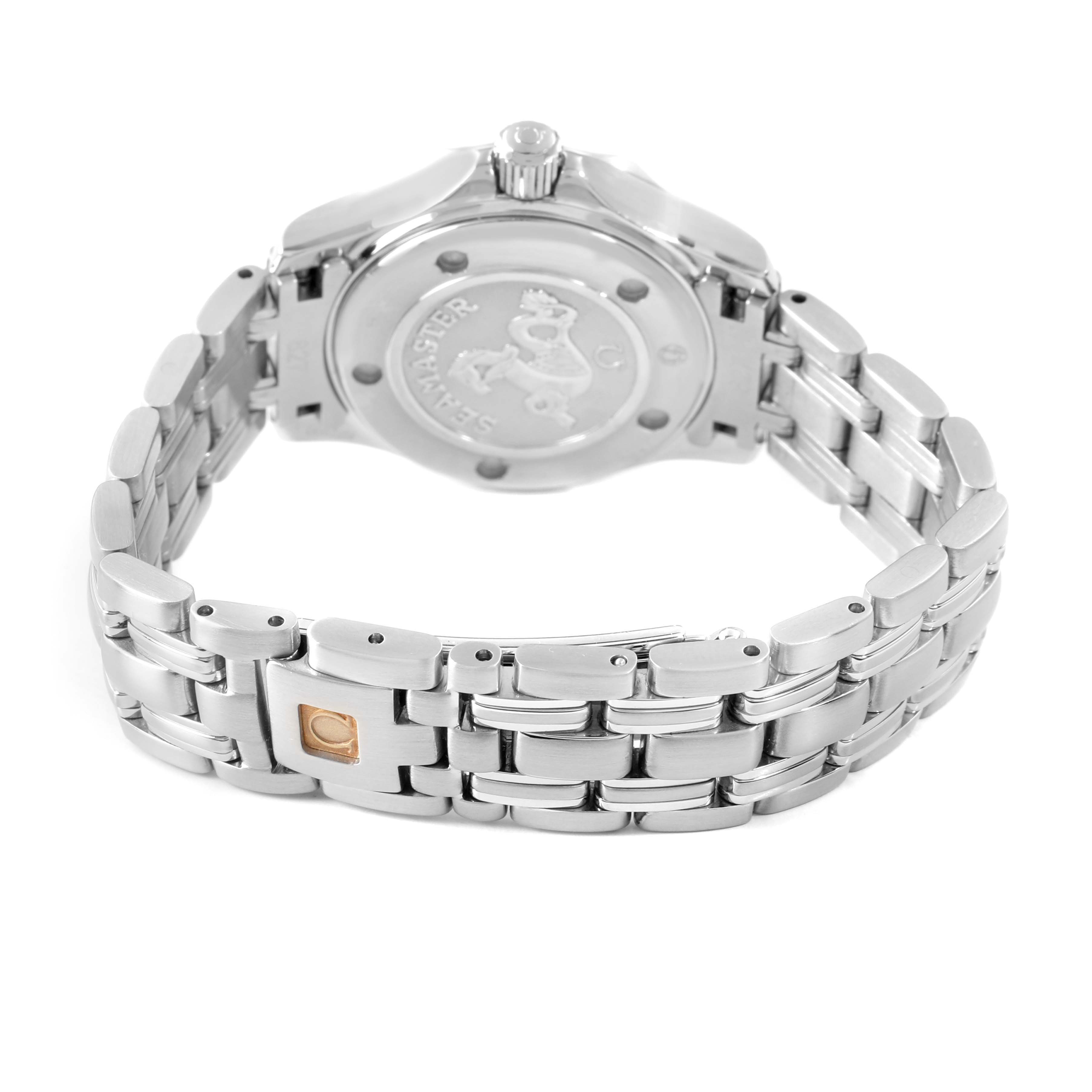 The Omega 212.30.28.61.01.001 Women's Stainless Steel Black Dial Seamaster Diver 300M Ladies Watch is shown from the back, highlighting its case back and metal bracelet.