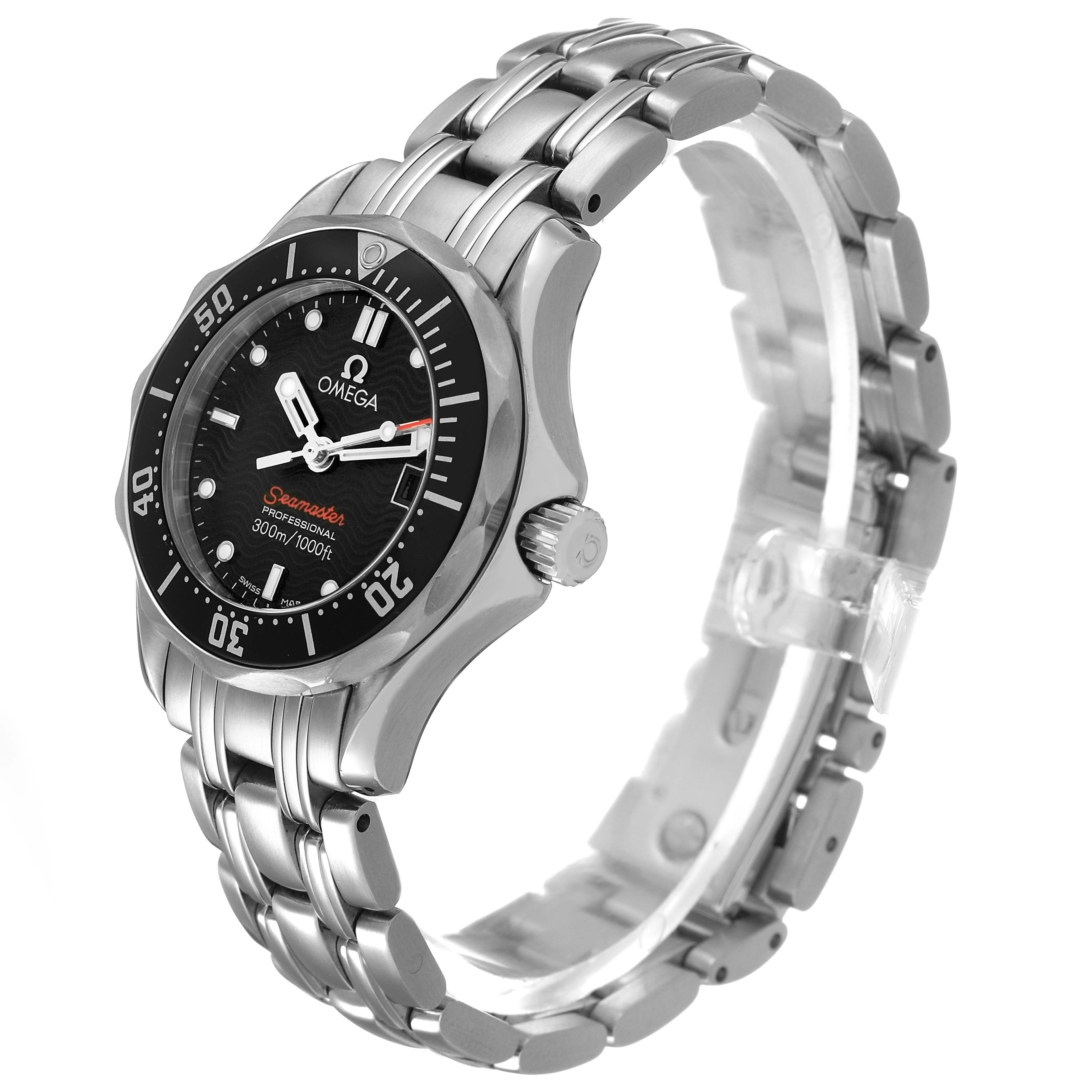 The Omega 212.30.28.61.01.001 Women's Stainless Steel Black Dial Seamaster Diver 300M Steel Ladies Watch is shown at a three-quarter front angle, highlighting the dial, bezel, and bracelet.