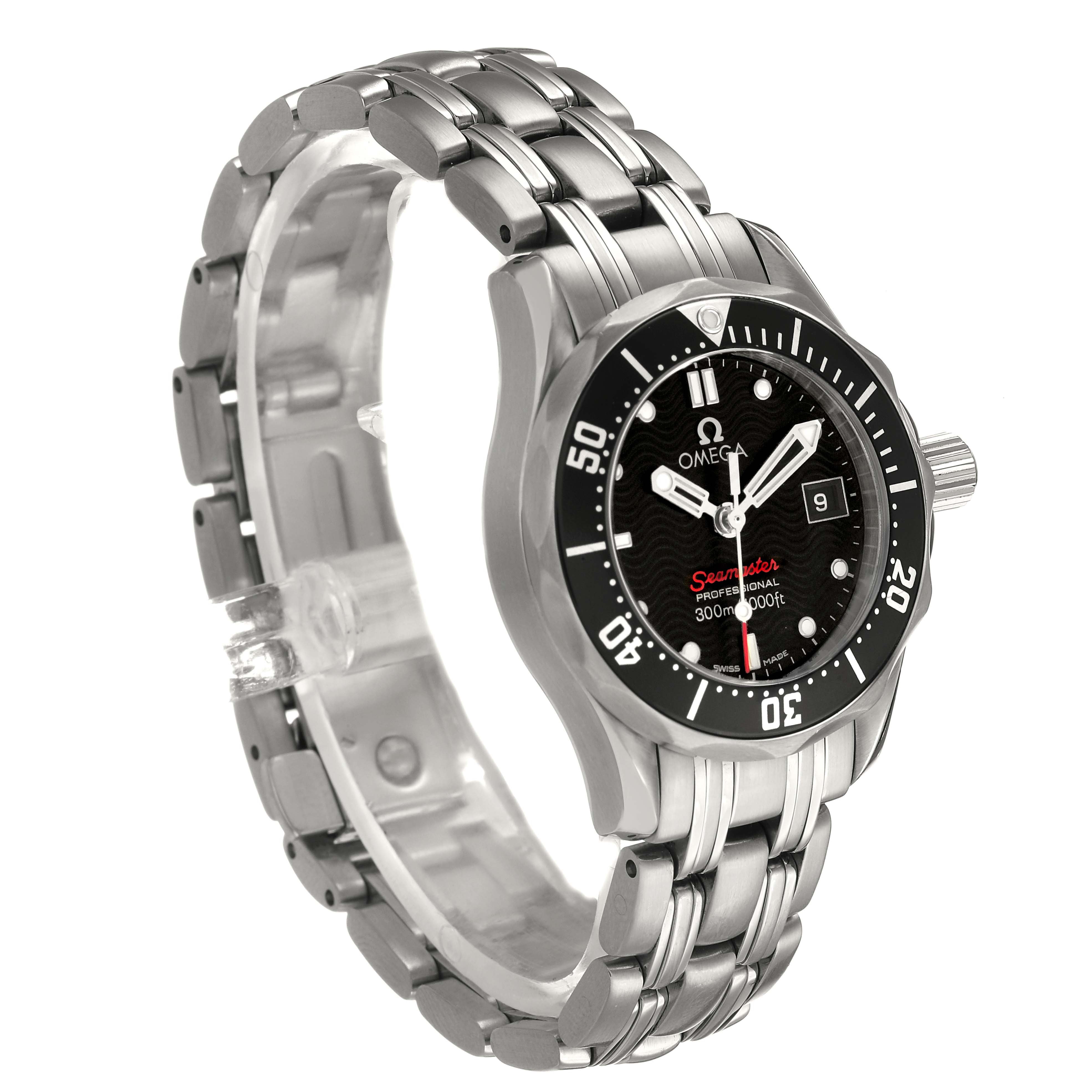 The Omega 212.30.28.61.01.001 Women's Stainless Steel Black Dial Seamaster Diver 300M Ladies Watch is shown at a three-quarter angle, highlighting the face, bezel, and bracelet.