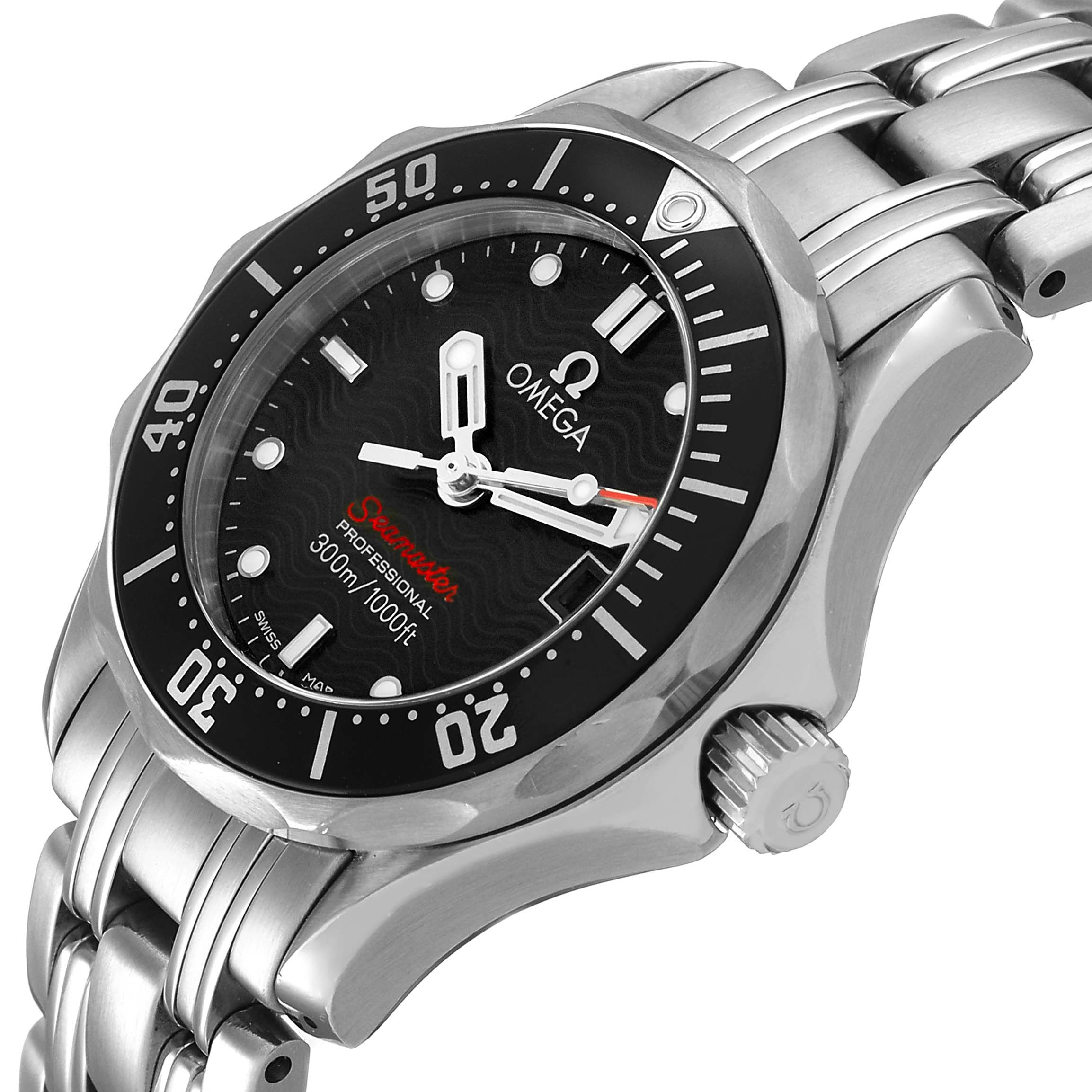 The Omega 212.30.28.61.01.001 Women's Stainless Steel Black Dial Seamaster Diver 300M Steel Ladies Watch is shown at an angle highlighting the face, bezel, crown, and part of the bracelet.