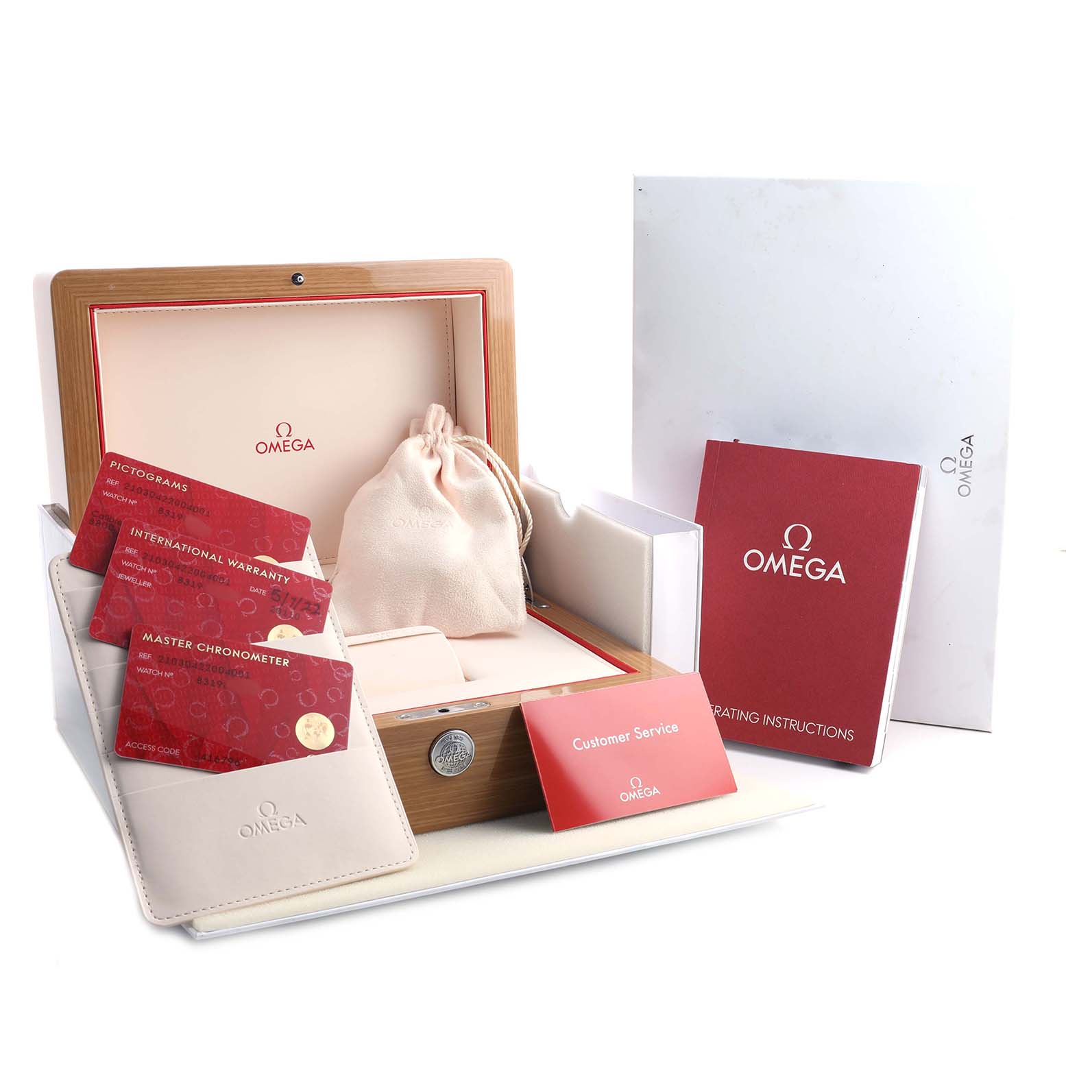 The image shows the Omega Seamaster 210.30.42.20.04.001 Men's Stainless Steel White Dial packaging, warranty cards, operating instructions, and a pouch, viewed from the front.