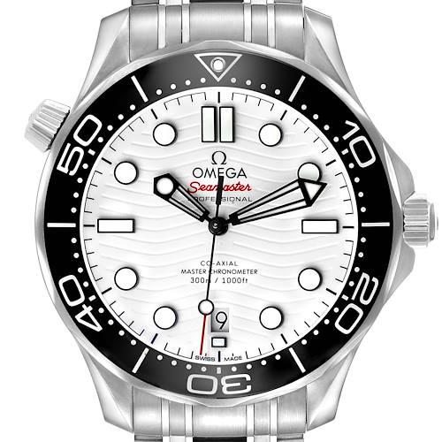 The Omega Seamaster 210.30.42.20.04.001 Men's Stainless Steel White Dial watch is shown from a top-down angle, displaying its face, bezel, and crown.