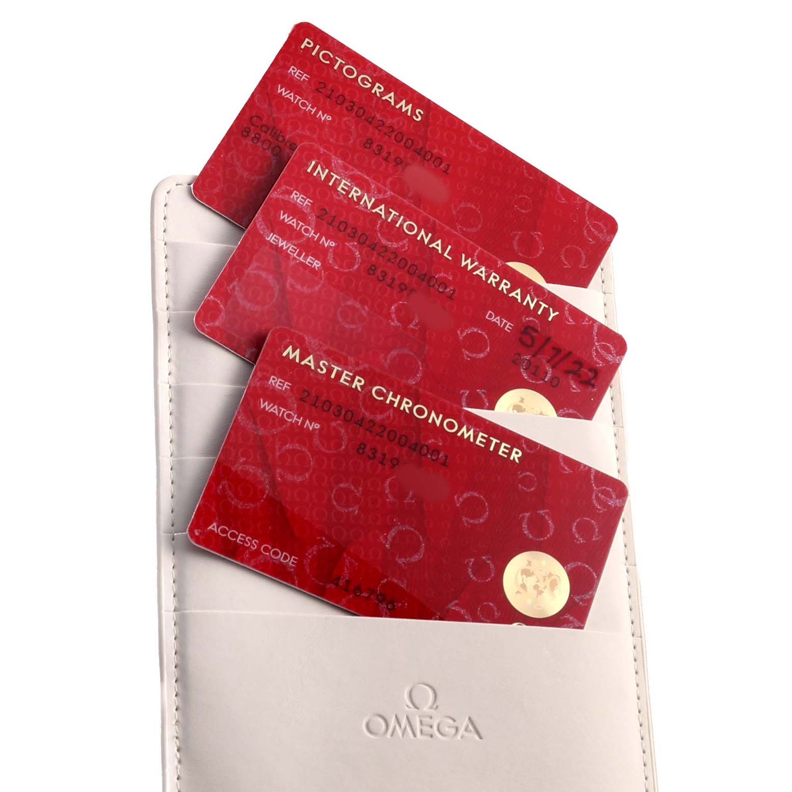 The image shows the card wallet for the Omega Seamaster 210.30.42.20.04.001 Men's Stainless Steel White Dial model, including the pictogram, international warranty, and master chronometer cards.