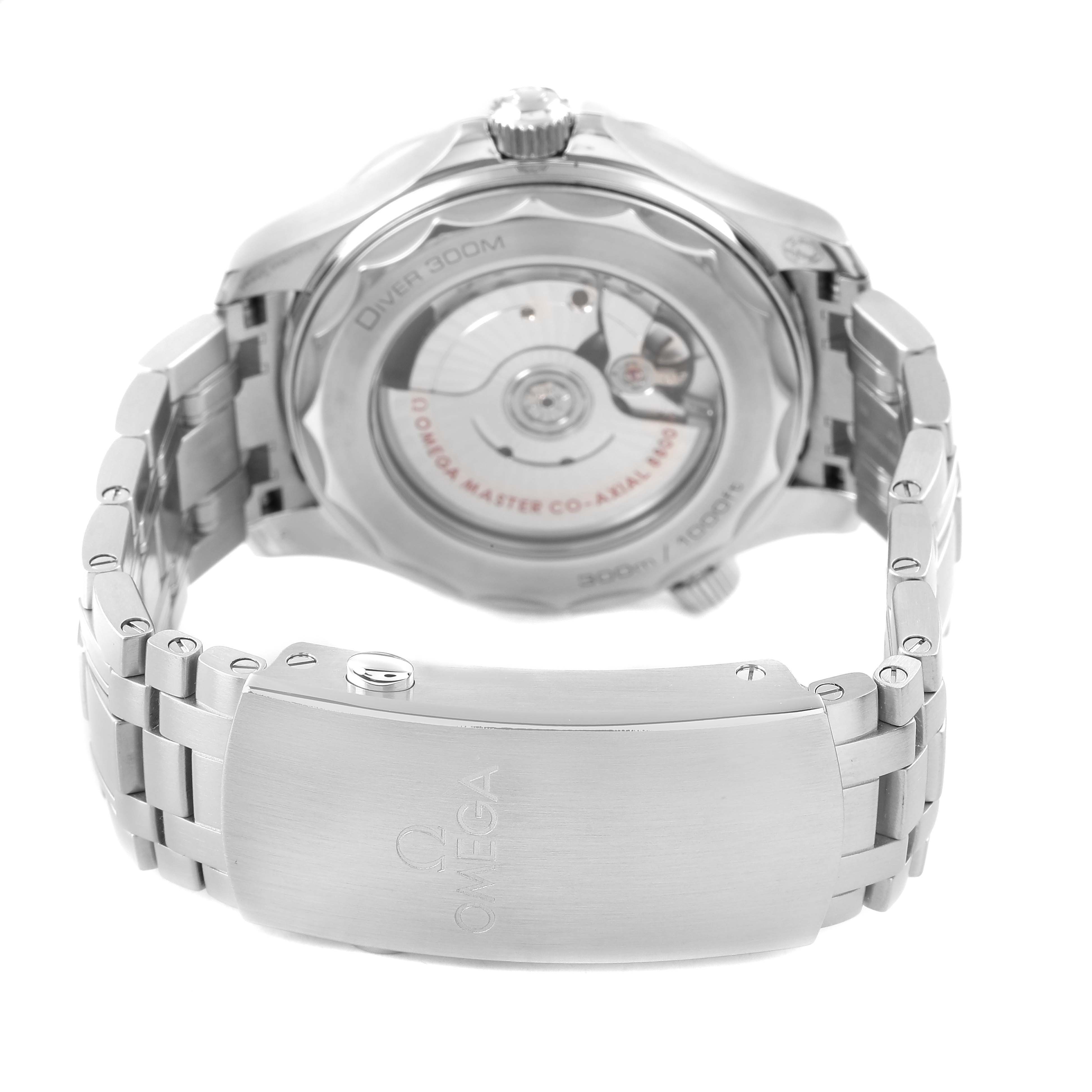 The Omega Seamaster 210.30.42.20.04.001 Men's Stainless Steel White Dial watch is shown from the back, highlighting its exhibition case back and metal bracelet clasp.