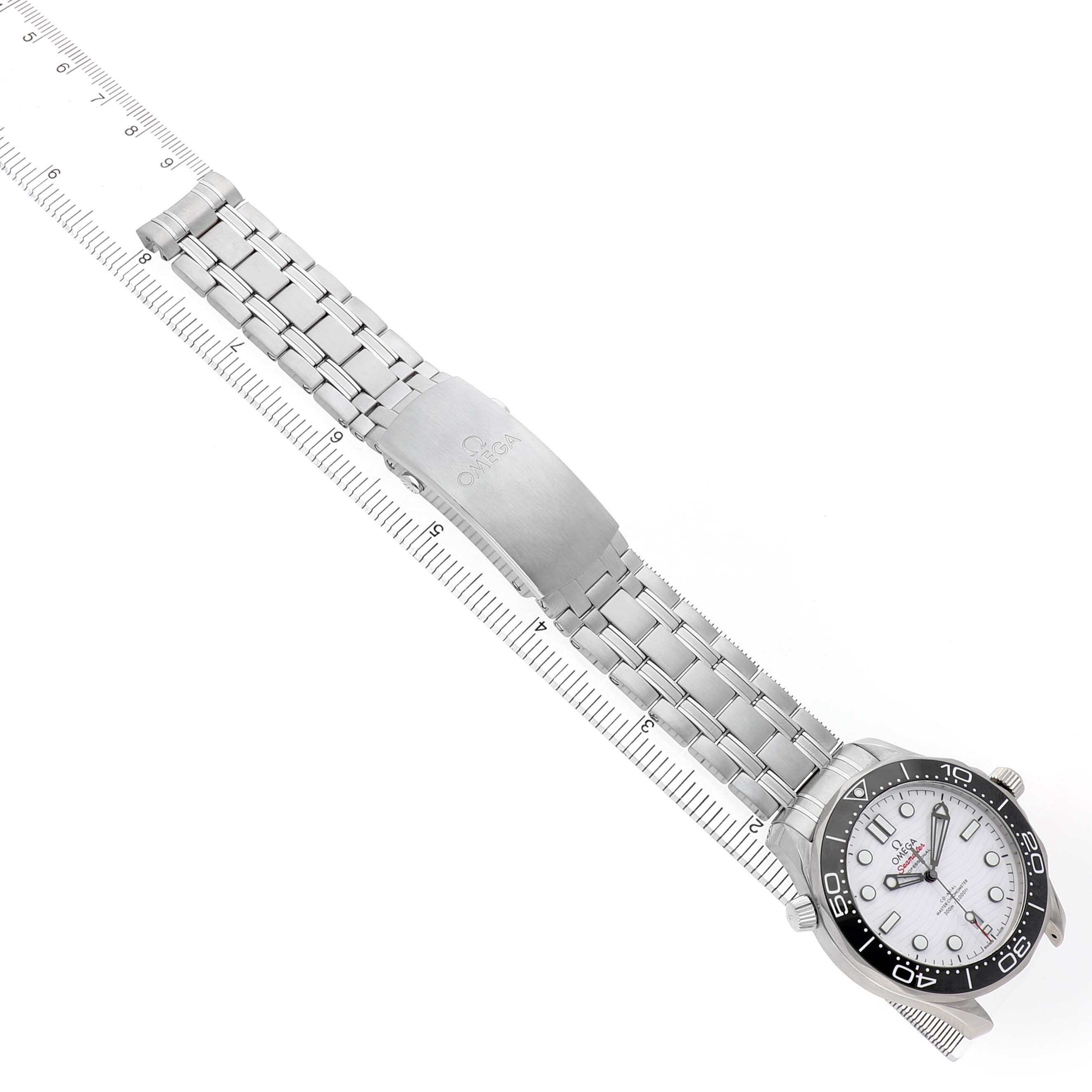 The Omega Seamaster 210.30.42.20.04.001 Men's Stainless Steel White Dial watch is shown from a top-down angle, displaying the entire bracelet, clasp, and face.