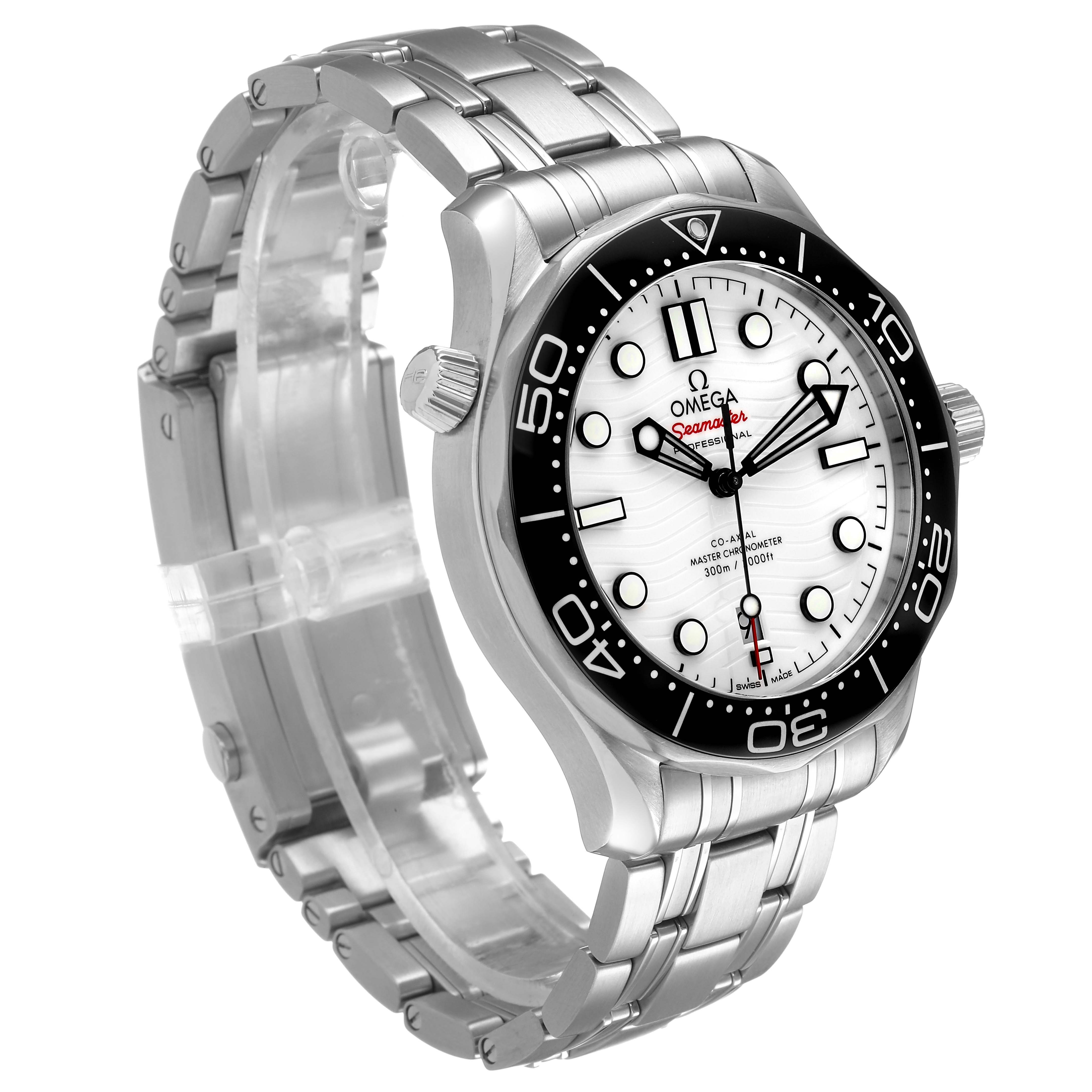 The Omega Seamaster 210.30.42.20.04.001 Men's Stainless Steel White Dial watch is shown at a three-quarter angle, displaying the face, bezel, crown, and bracelet.