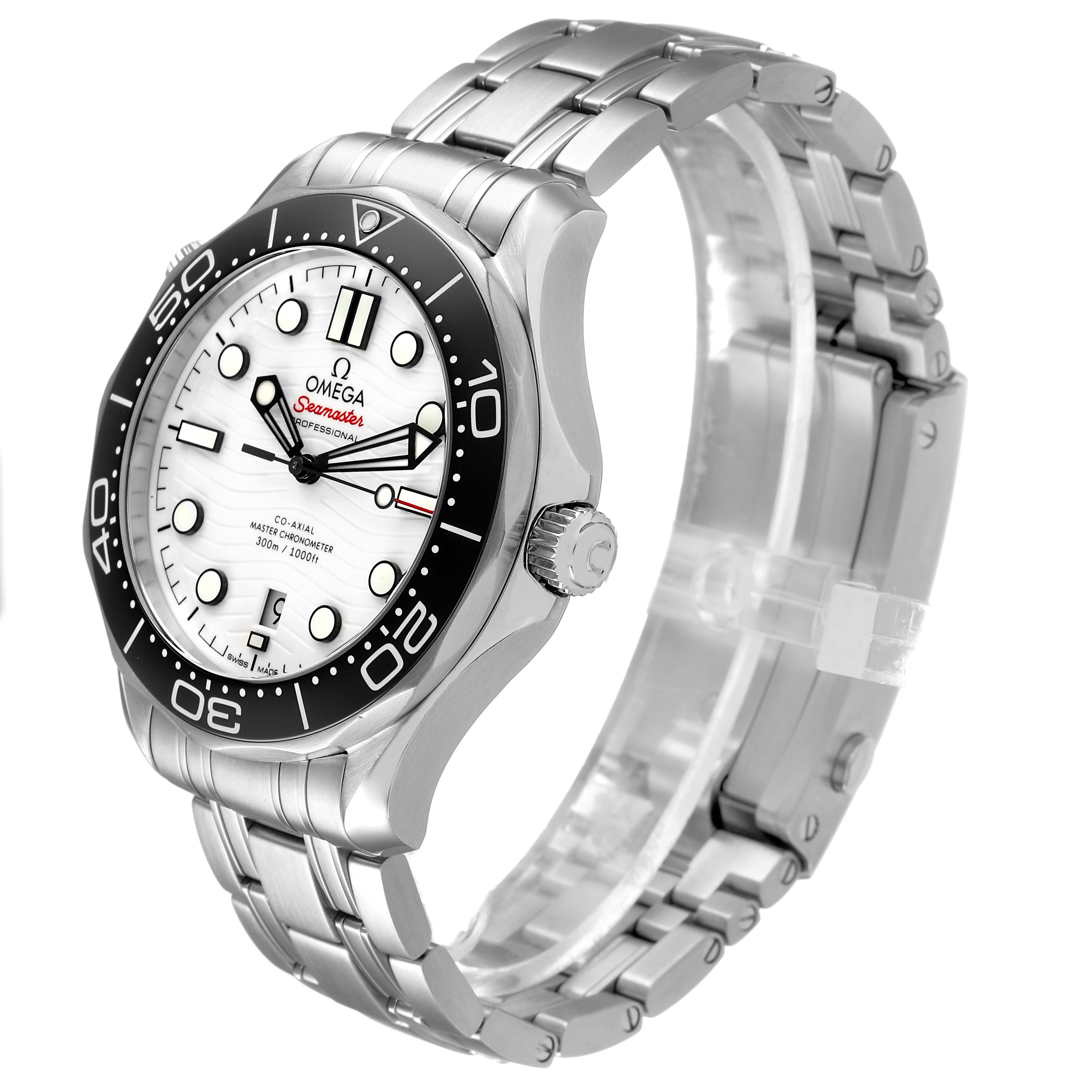 The Omega Seamaster 210.30.42.20.04.001 Men's Stainless Steel White Dial watch is displayed at a three-quarter angle, showing the face, bezel, crown, and metal bracelet.