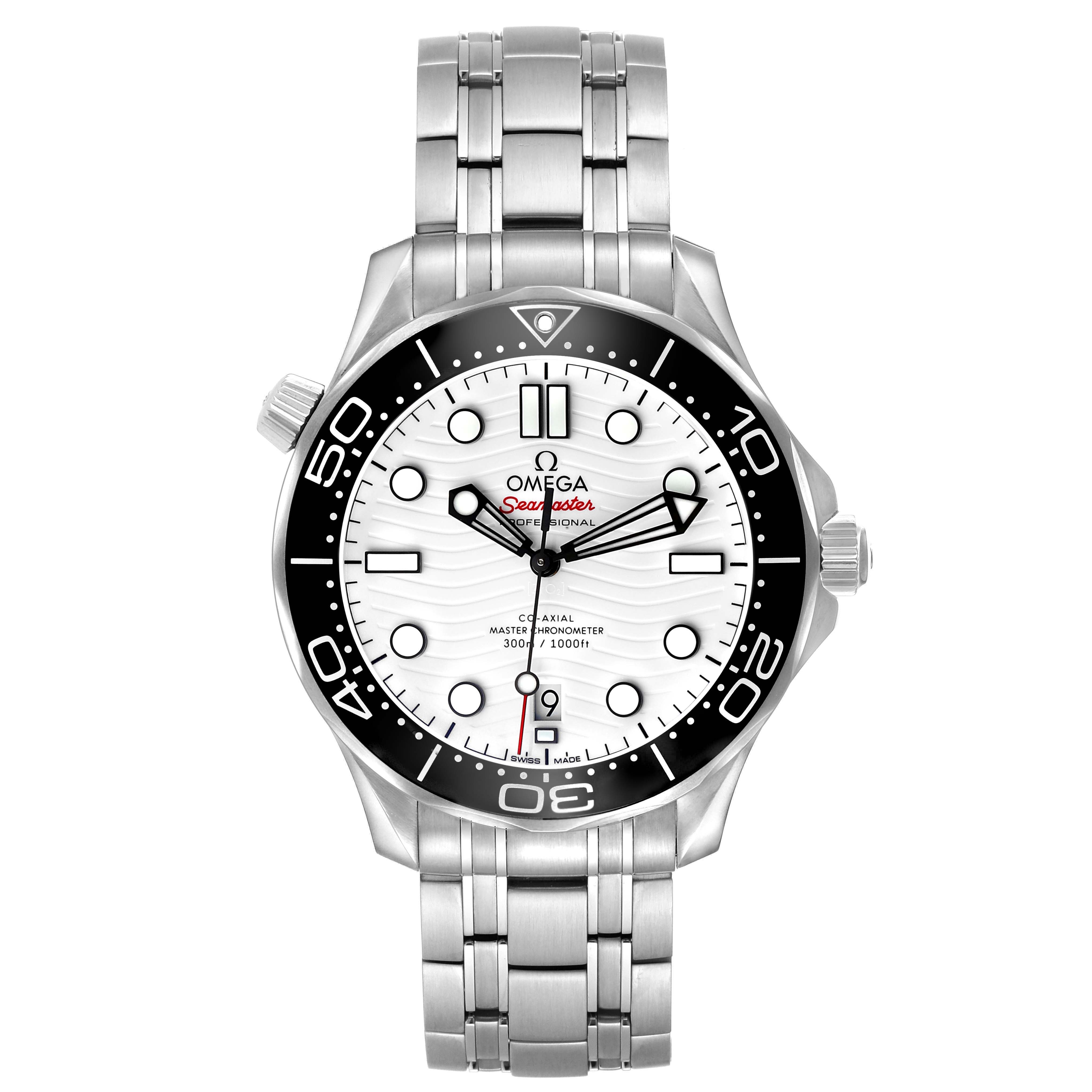 The Omega Seamaster 210.30.42.20.04.001 Men's Stainless Steel White Dial watch is shown from the front, displaying its face, bezel, and bracelet.