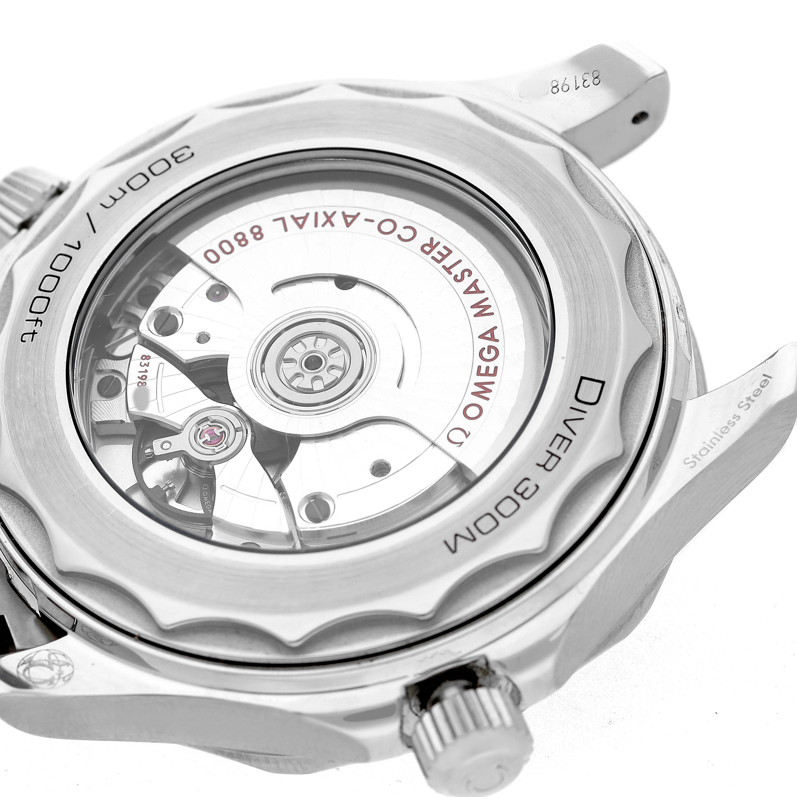 The image shows the back view of an Omega Seamaster 210.30.42.20.04.001 Men's Stainless Steel White Dial, highlighting its movement through the transparent case back.