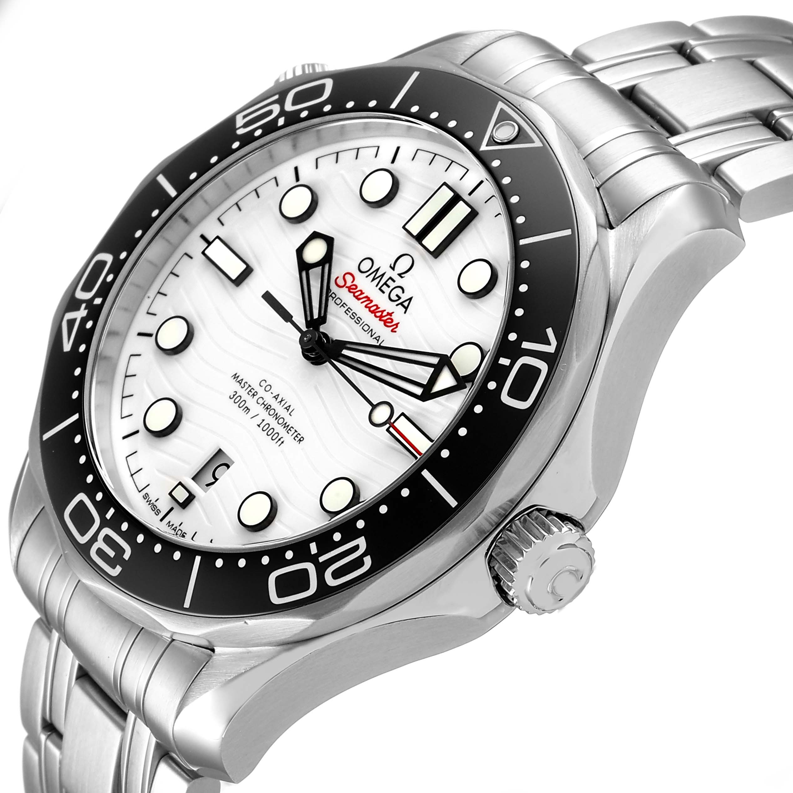 The Omega Seamaster 210.30.42.20.04.001 Men's Stainless Steel White Dial watch is shown at a slight angle highlighting the face, bezel, crown, and bracelet links.