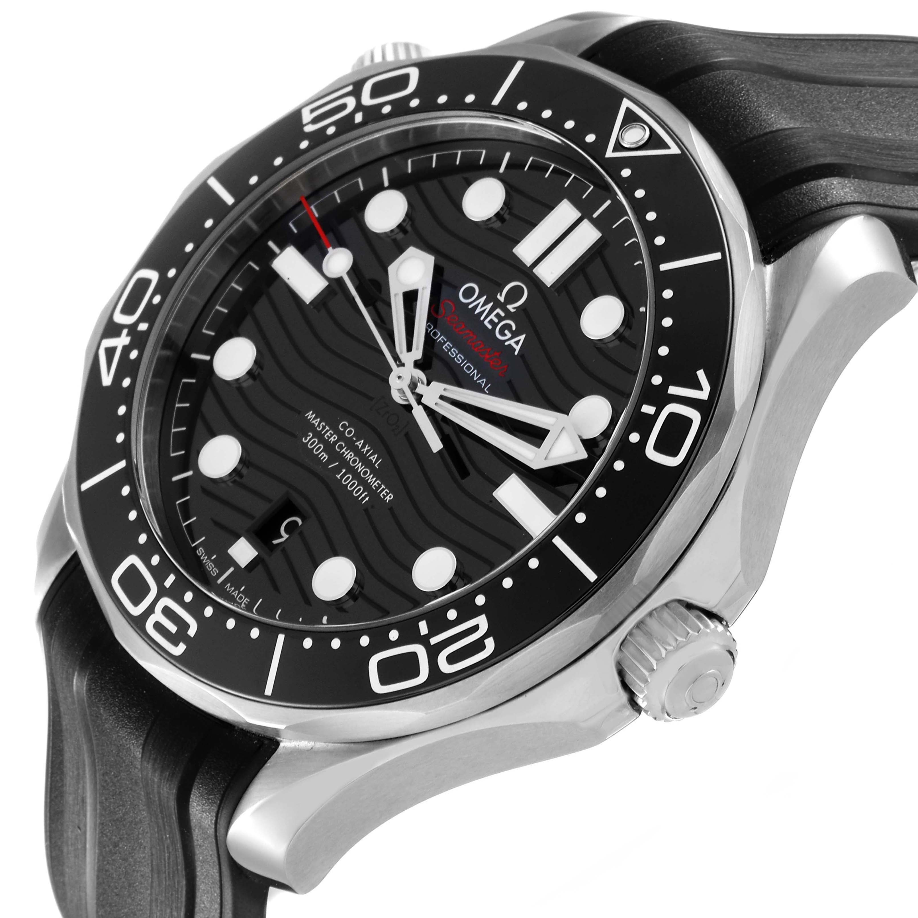 The Omega Seamaster 210.32.42.20.01.001 Men's Stainless Steel Black Dial watch is shown from an angled side view, highlighting the face, bezel, and crown.