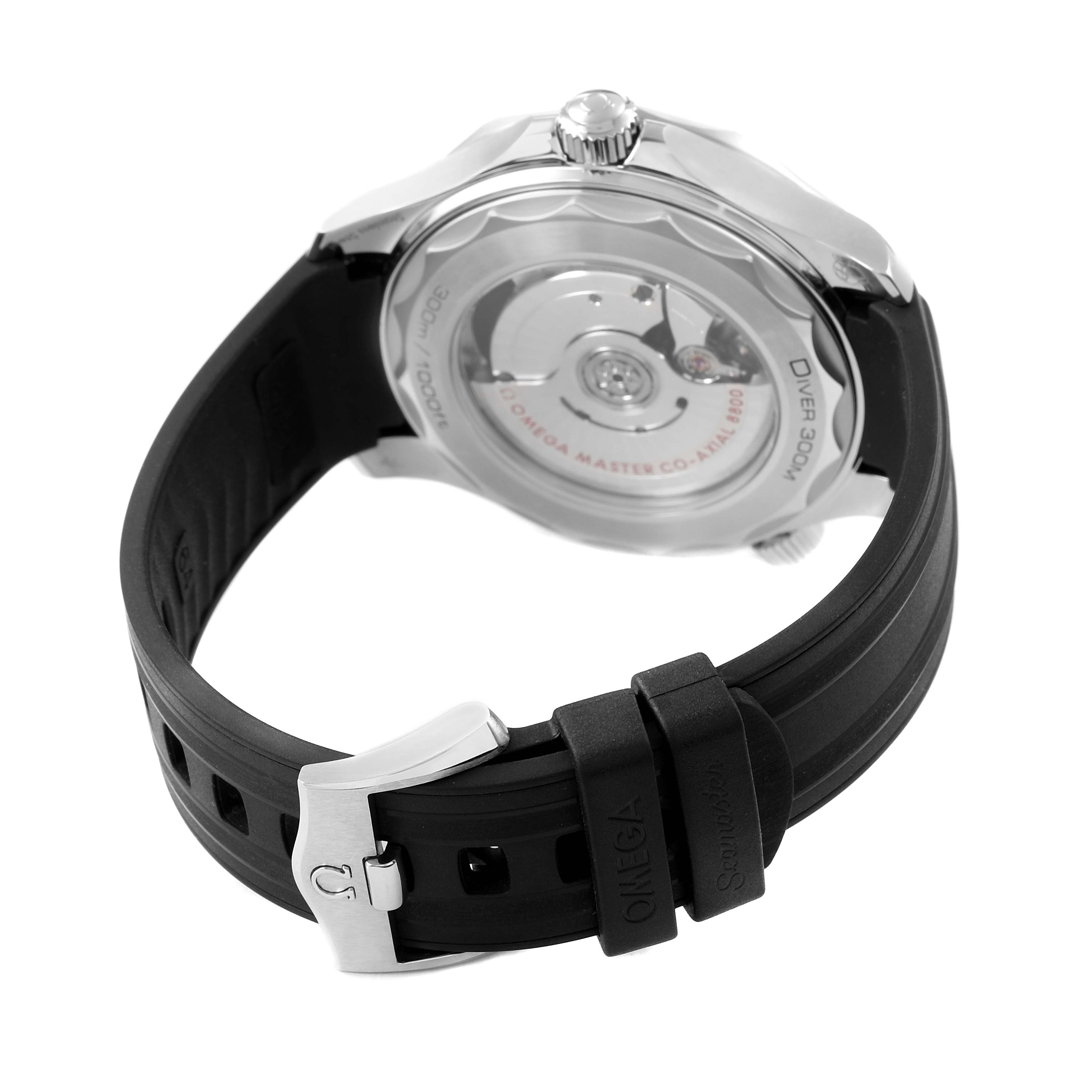 The Omega Seamaster 210.32.42.20.01.001 Men's Stainless Steel Black Dial watch is shown from the rear, highlighting its transparent case back and black strap with branded buckle.