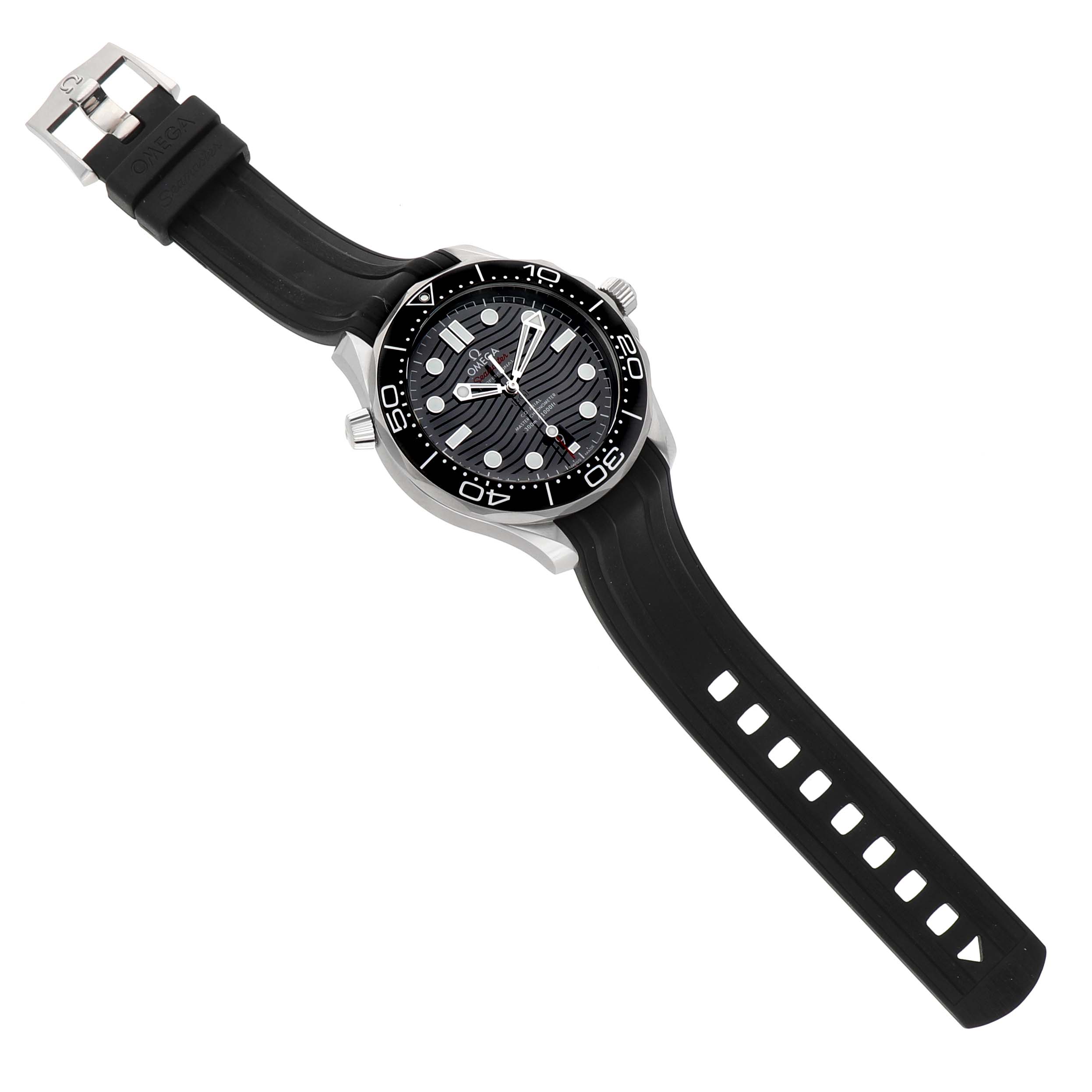 The Omega Seamaster 210.32.42.20.01.001 Men's Stainless Steel Black Dial watch is shown from a top-down angle, featuring its face, bezel, strap, and clasp.