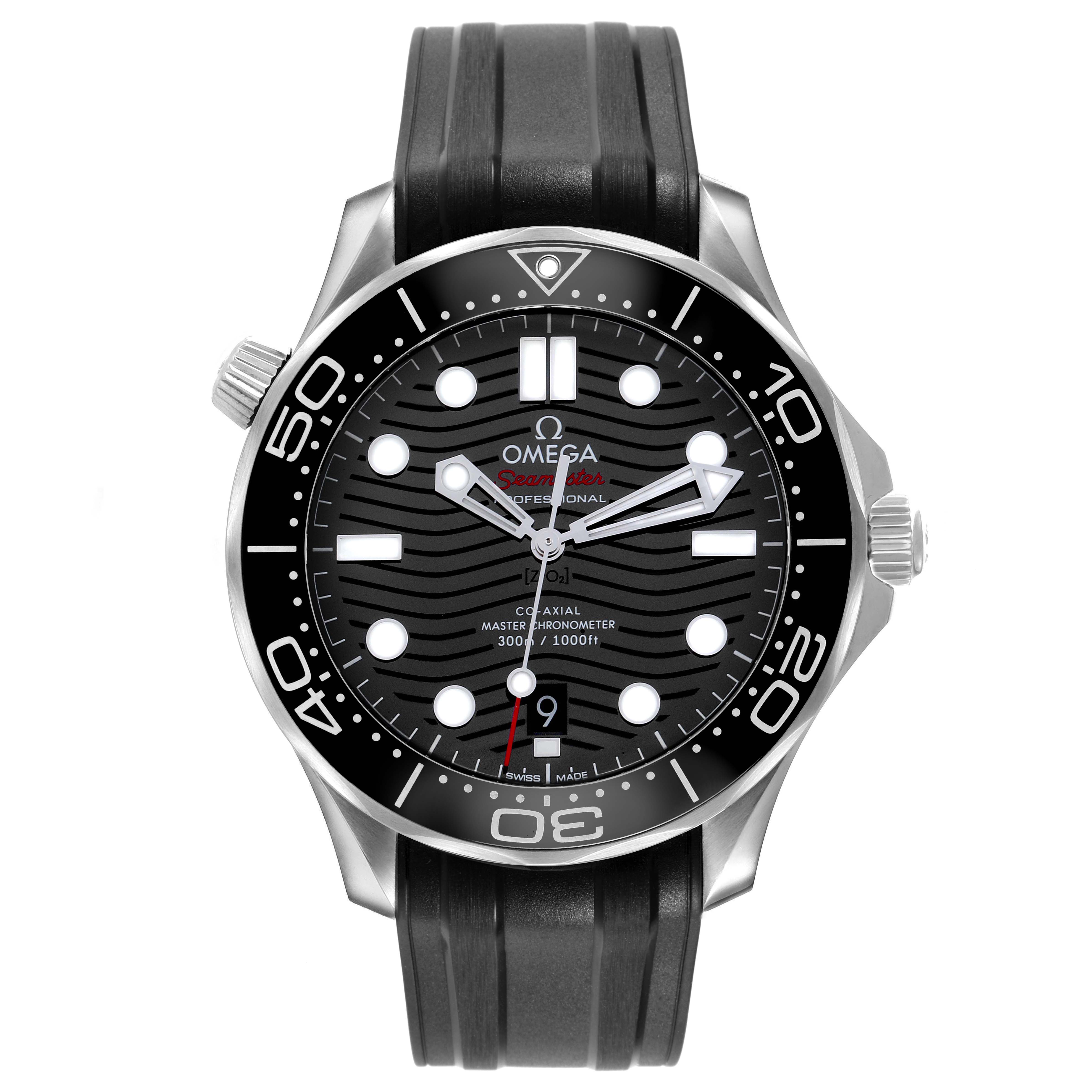 The Omega Seamaster 210.32.42.20.01.001 Men's Stainless Steel Black Dial watch is shown from the front, highlighting the face, bezel, and rubber strap.