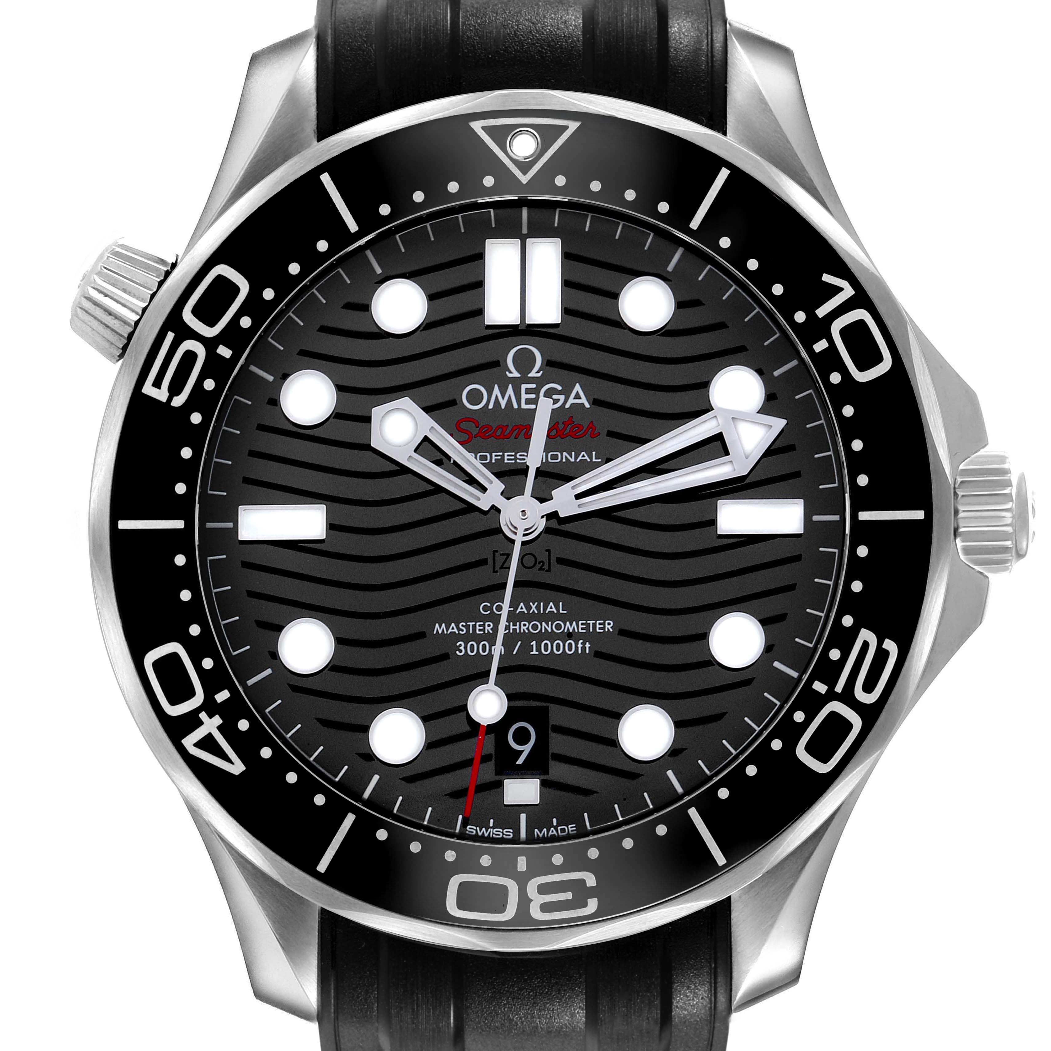 The Omega Seamaster 210.32.42.20.01.001 Men's Stainless Steel Black Dial model is shown from the front, highlighting its dial, bezel, and crown with a black strap.