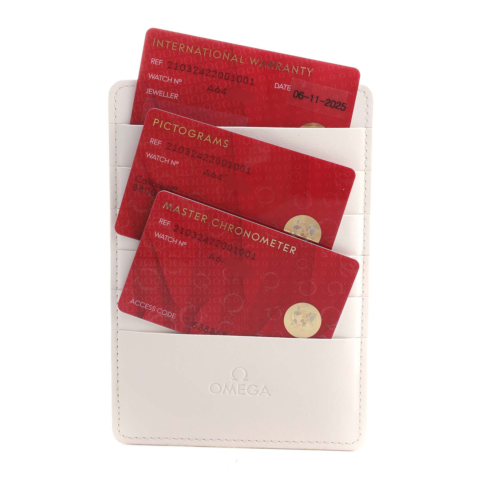 The image shows warranty cards for the Omega Seamaster 210.32.42.20.01.001 Men's Stainless Steel Black Dial, displayed in a white cardholder.
