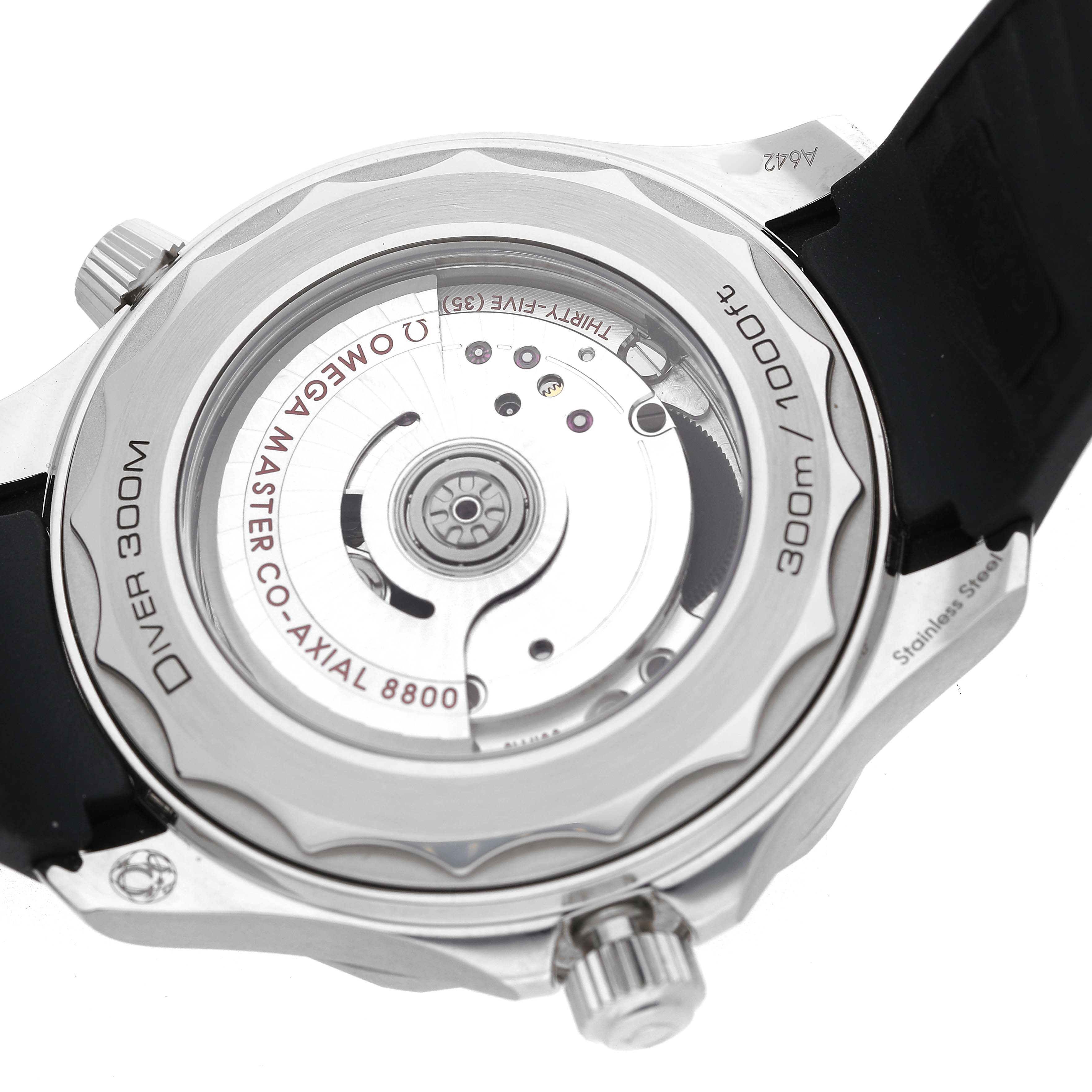 The Omega Seamaster 210.32.42.20.01.001 Men's Stainless Steel Black Dial model is shown from the back, highlighting the co-axial movement and caseback details.