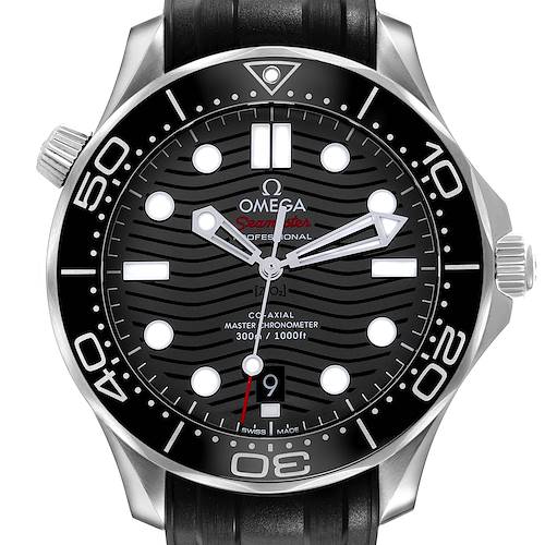 The Omega Seamaster 210.32.42.20.01.001 Men's Stainless Steel Black Dial model is shown from the front, highlighting its dial, bezel, and crown.