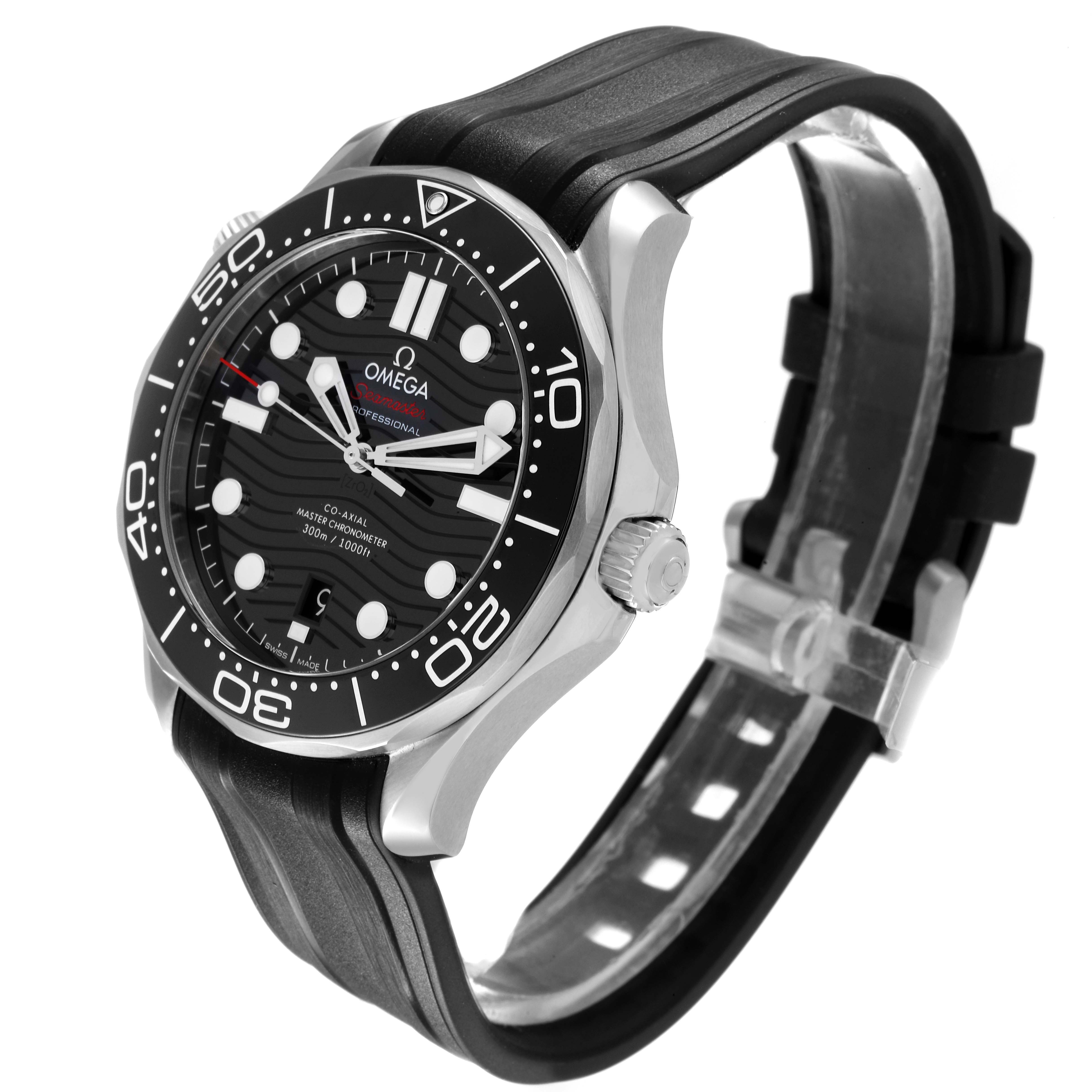 The Omega Seamaster 210.32.42.20.01.001 Men's Stainless Steel Black Dial watch is shown from a side angle, highlighting the bezel, dial, crown, and rubber strap.