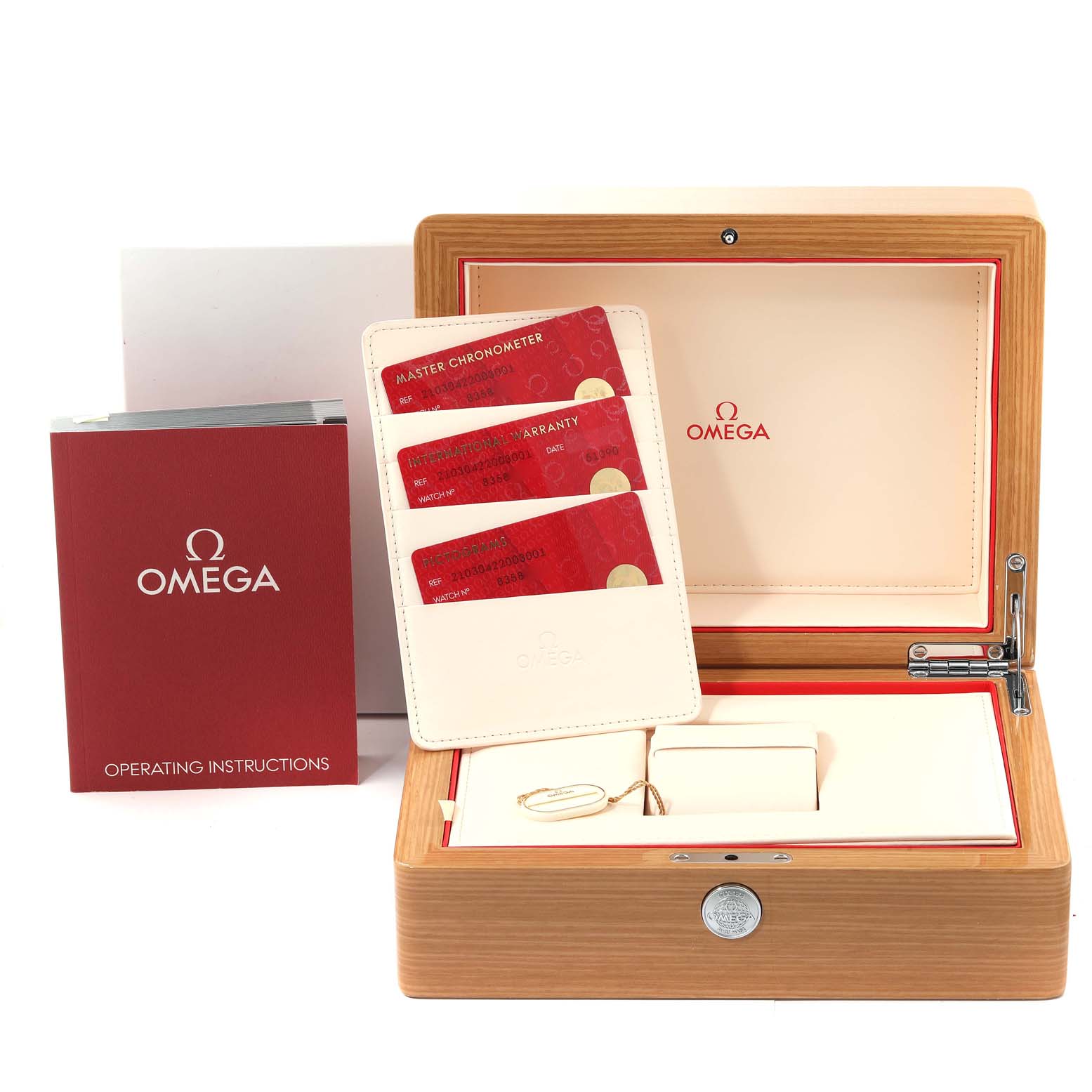 The image shows the packaging, cardholder, warranty cards, and operating instructions for the Omega Seamaster 210.30.42.20.03.001 Men
s Stainless Steel Blue Dial 210.30.42.20.03.001 Men
s Stainless Steel Blue Dial watch.