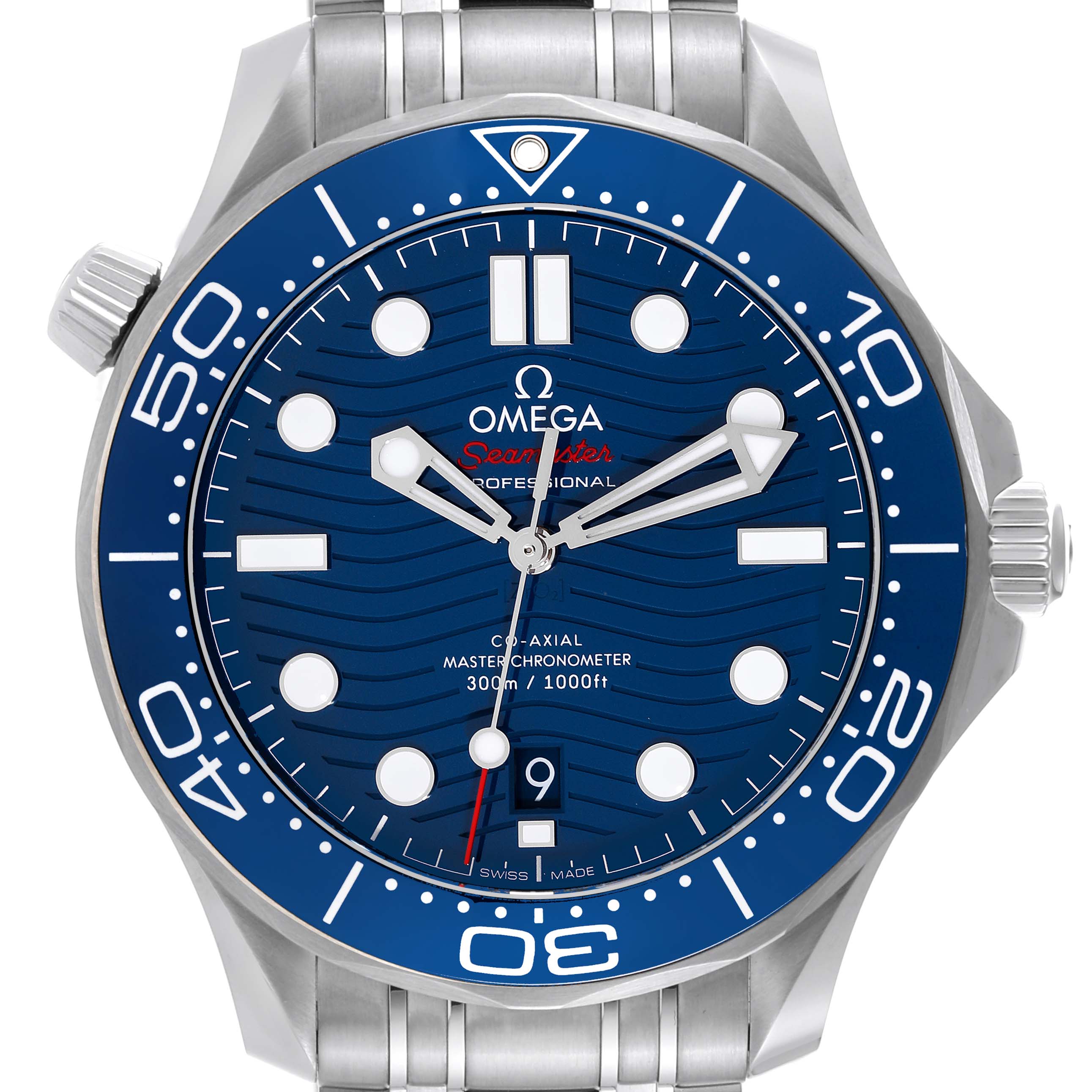 The Omega Seamaster 210.30.42.20.03.001 Men
s Stainless Steel Blue Dial 210.30.42.20.03.001 Men
s Stainless Steel Blue Dial watch is shown from the front, displaying its blue dial, date window, and stainless steel bracelet.