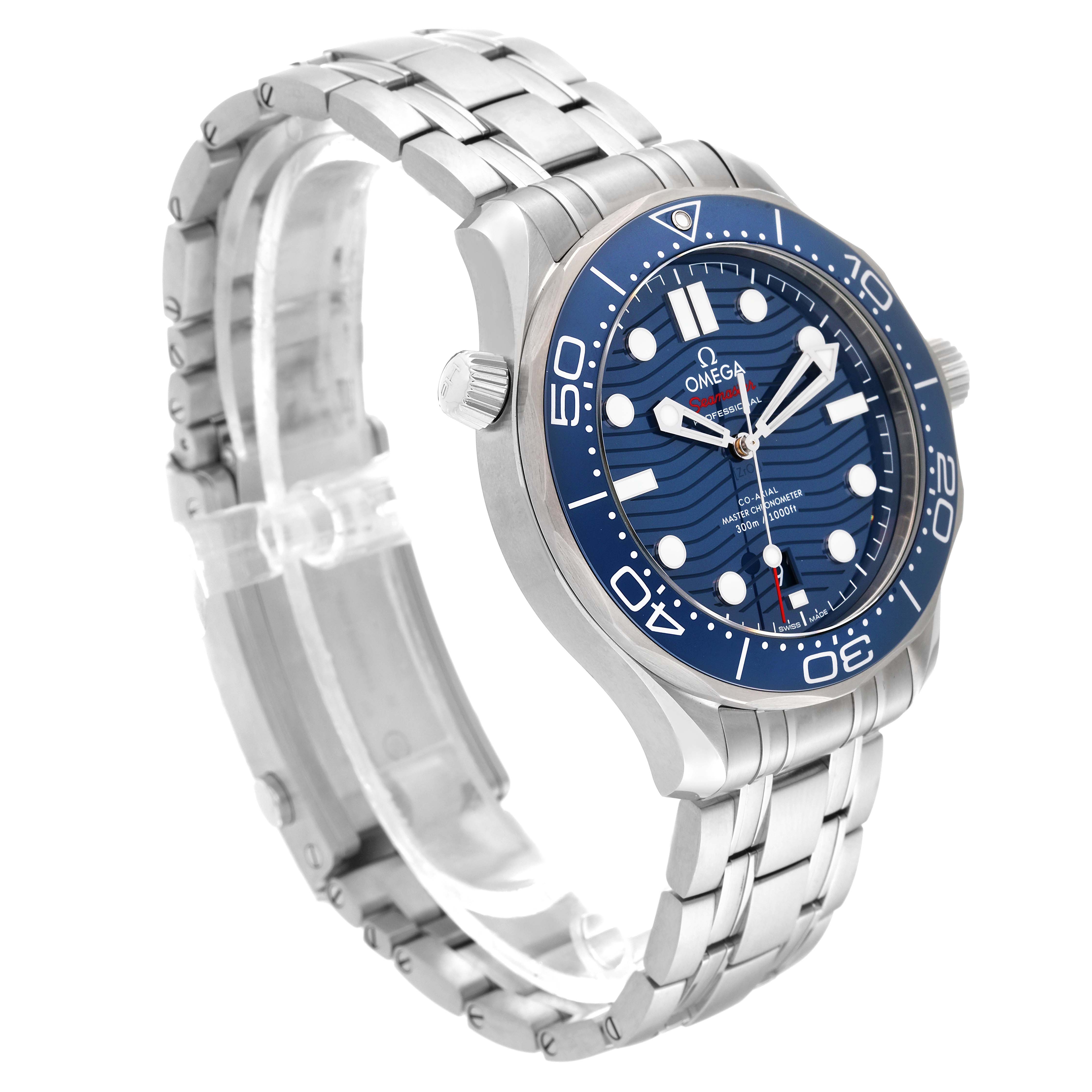 This is an angled view of the Omega Seamaster 210.30.42.20.03.001 Men
s Stainless Steel Blue Dial 210.30.42.20.03.001 Men
s Stainless Steel Blue Dial watch showing the face, bezel, crown, and metal bracelet.