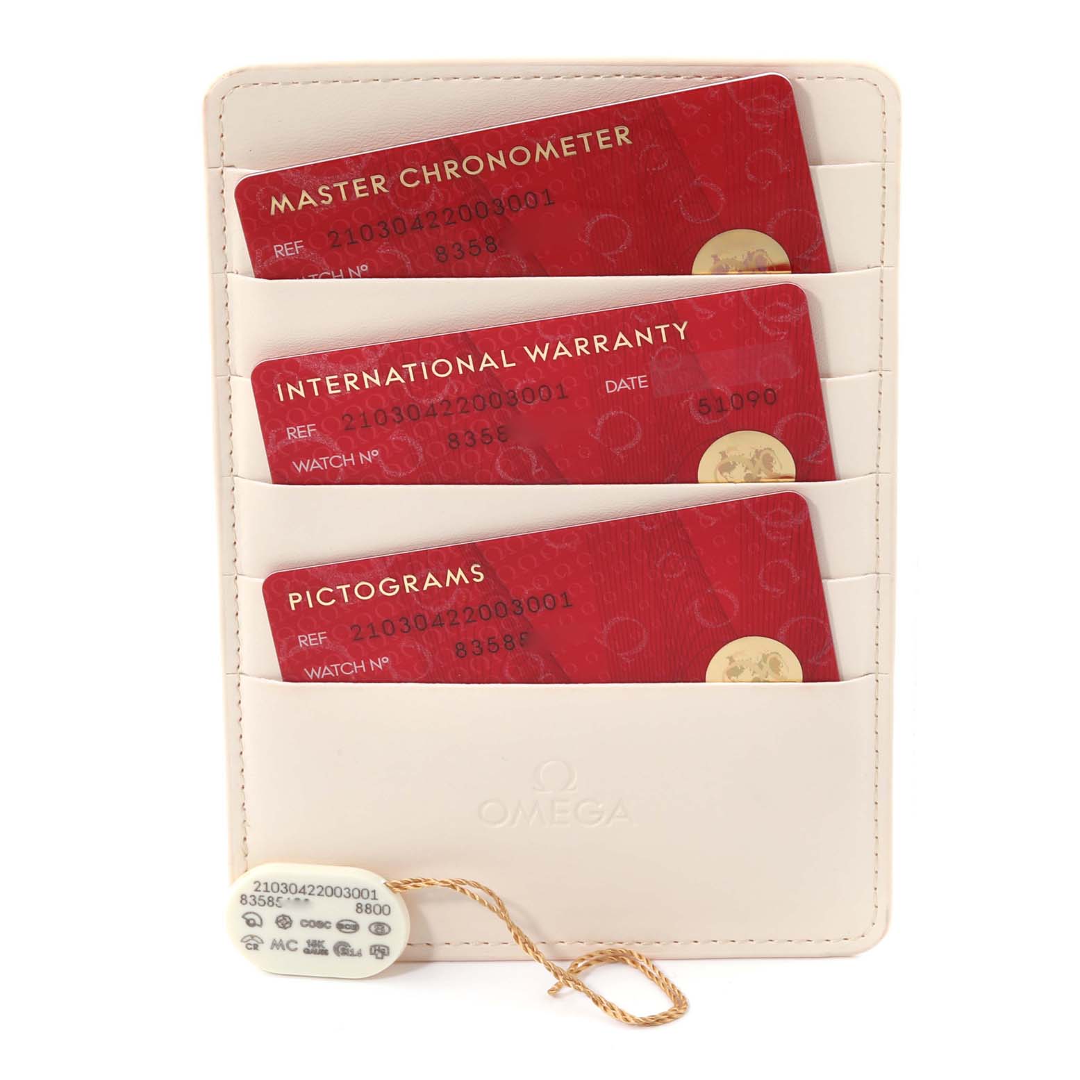 The image shows warranty cards and documentation for the Omega Seamaster 210.30.42.20.03.001 Men
s Stainless Steel Blue Dial 210.30.42.20.03.001 Men
s Stainless Steel Blue Dial model, placed in a white cardholder.