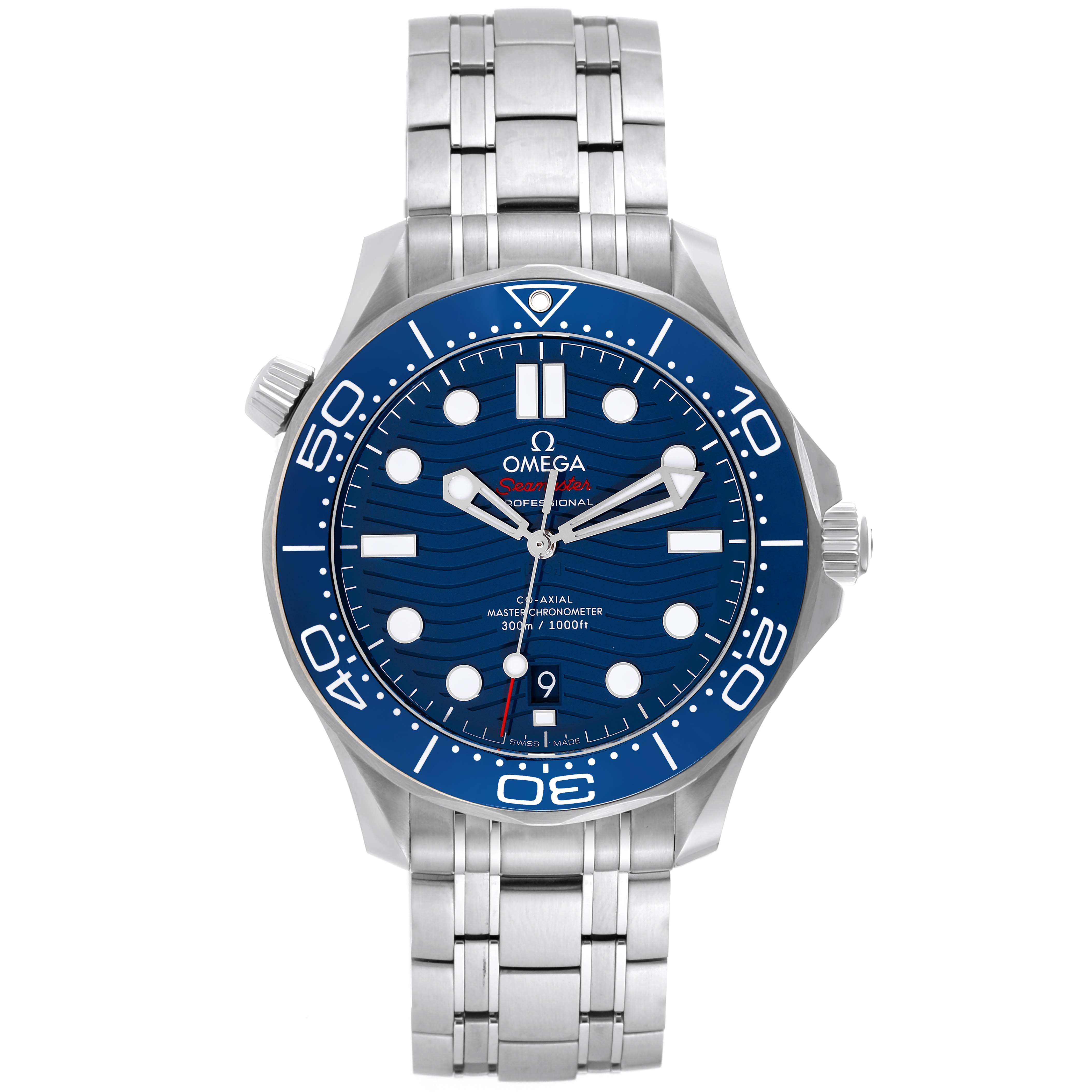 The image shows a front view of the Omega Seamaster 210.30.42.20.03.001 Men
s Stainless Steel Blue Dial 210.30.42.20.03.001 Men
s Stainless Steel Blue Dial watch, highlighting its blue dial, hands, markers, bezel, and stainless steel bracelet.