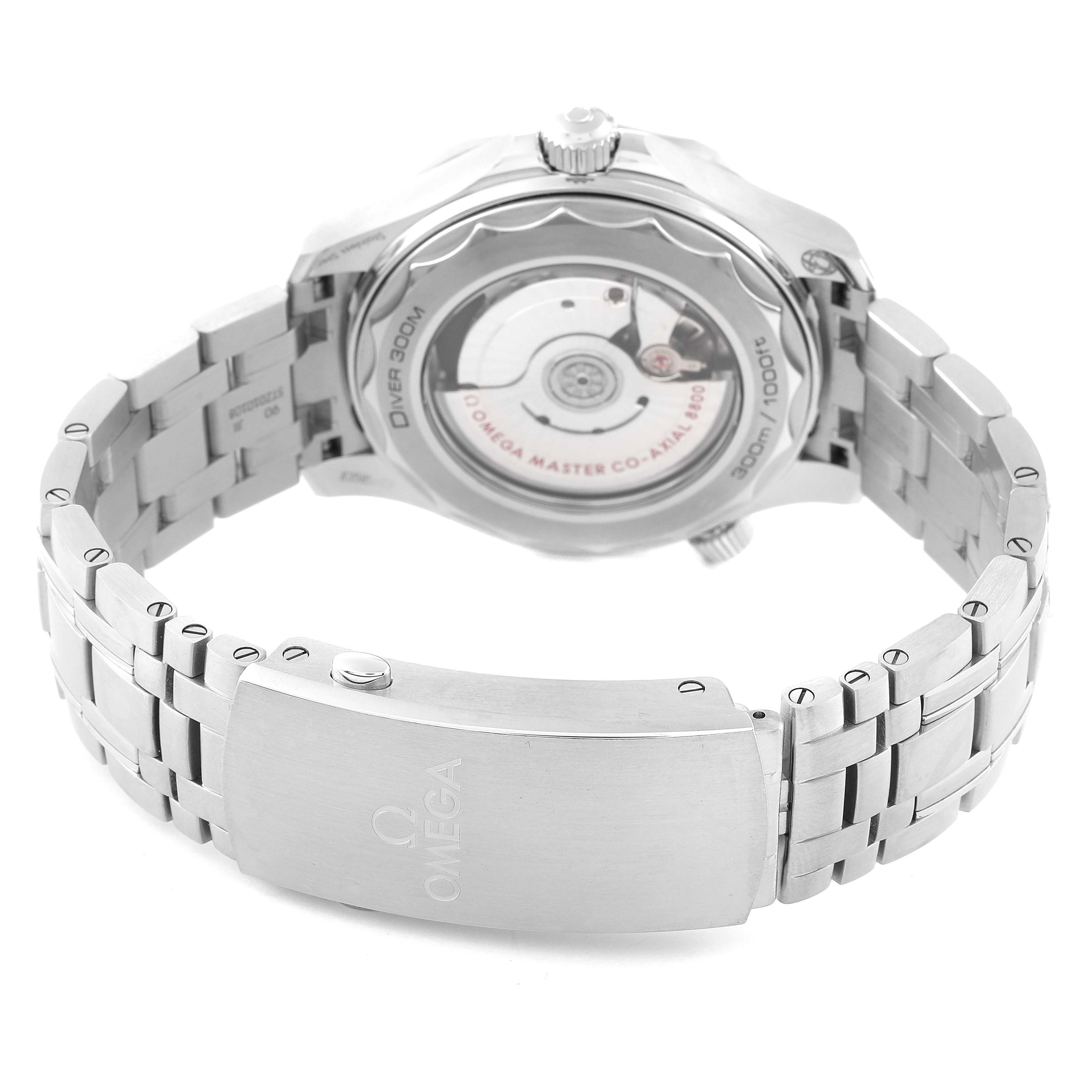 This image shows the back view of the Omega Seamaster 210.30.42.20.03.001 Men
s Stainless Steel Blue Dial 210.30.42.20.03.001 Men
s Stainless Steel Blue Dial watch, highlighting its metal bracelet and transparent case back.