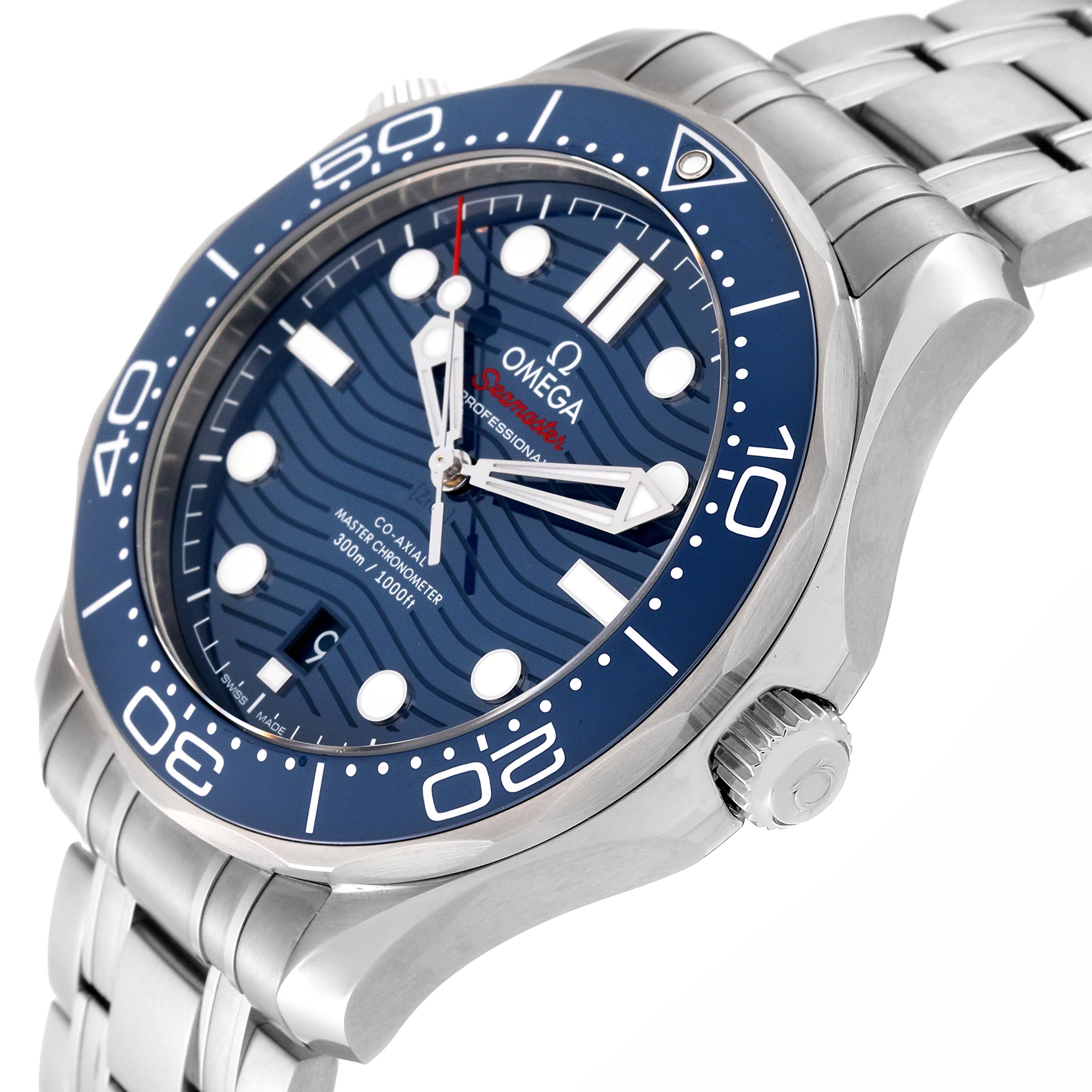 The image shows an angled close-up of the Omega Seamaster 210.30.42.20.03.001 Men
s Stainless Steel Blue Dial 210.30.42.20.03.001 Men
s Stainless Steel Blue Dial watch, highlighting the blue bezel, dial, and stainless steel bracelet.