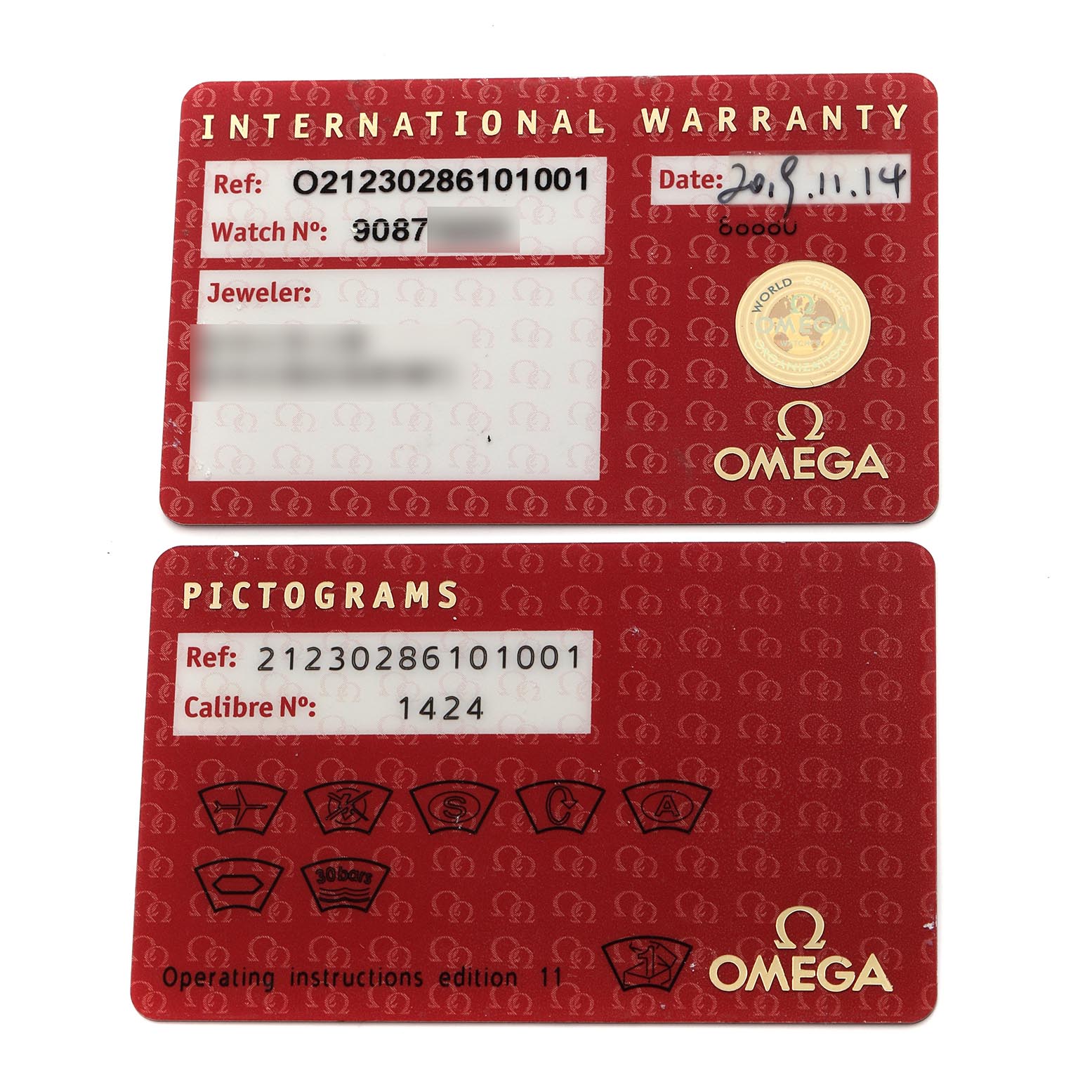 The image shows two red Omega 212.30.28.61.01.001 Women's Stainless Steel Black Dial 212.30.28.61.01.001 Women's Stainless Steel Black Dial cards for the Seamaster Diver Quartz Ladies Watch model, including warranty and pictograms details.