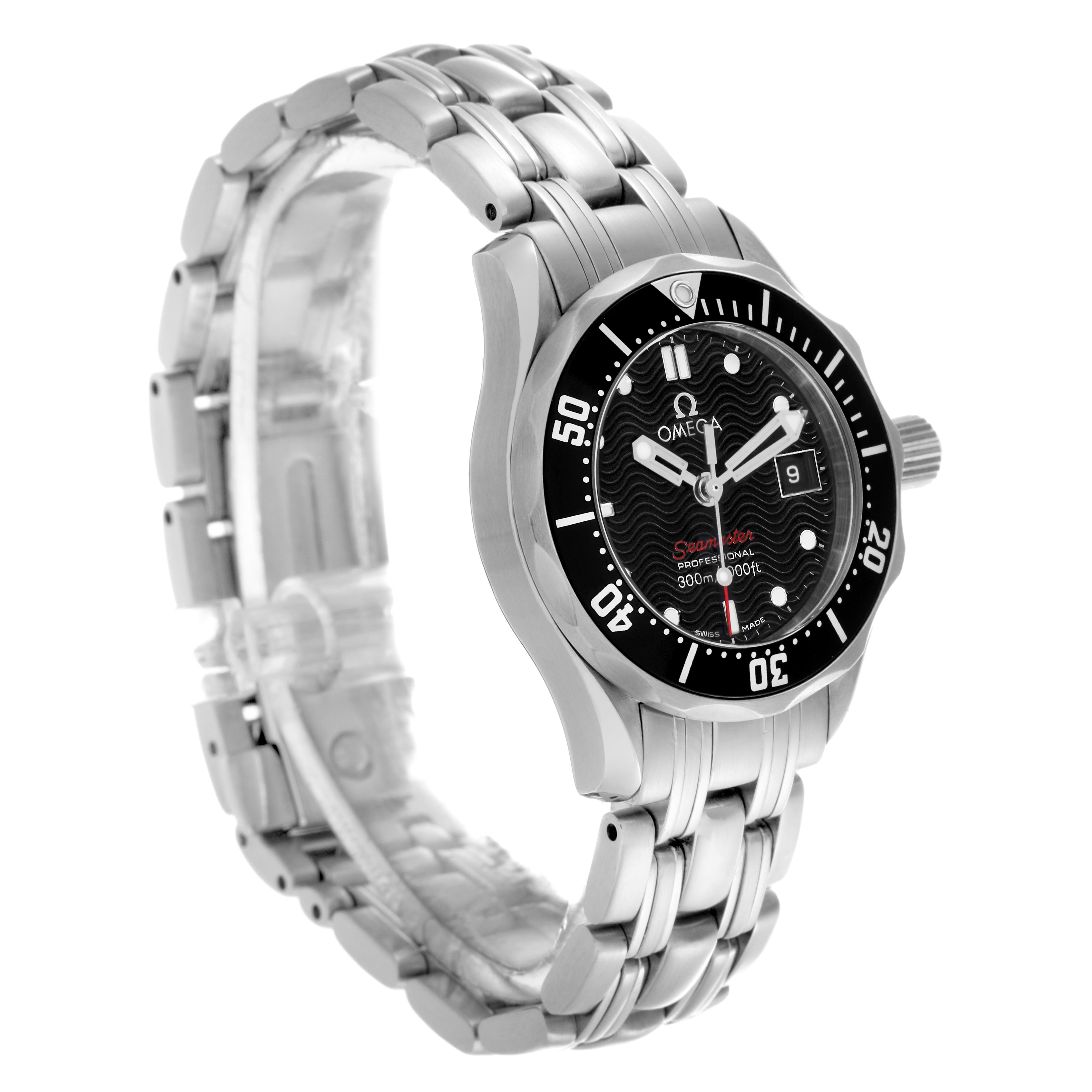 The Omega 212.30.28.61.01.001 Women's Stainless Steel Black Dial 212.30.28.61.01.001 Women's Stainless Steel Black Dial Seamaster Diver Quartz Ladies Watch is shown at a slight angled side view, highlighting the face, bezel, and bracelet.