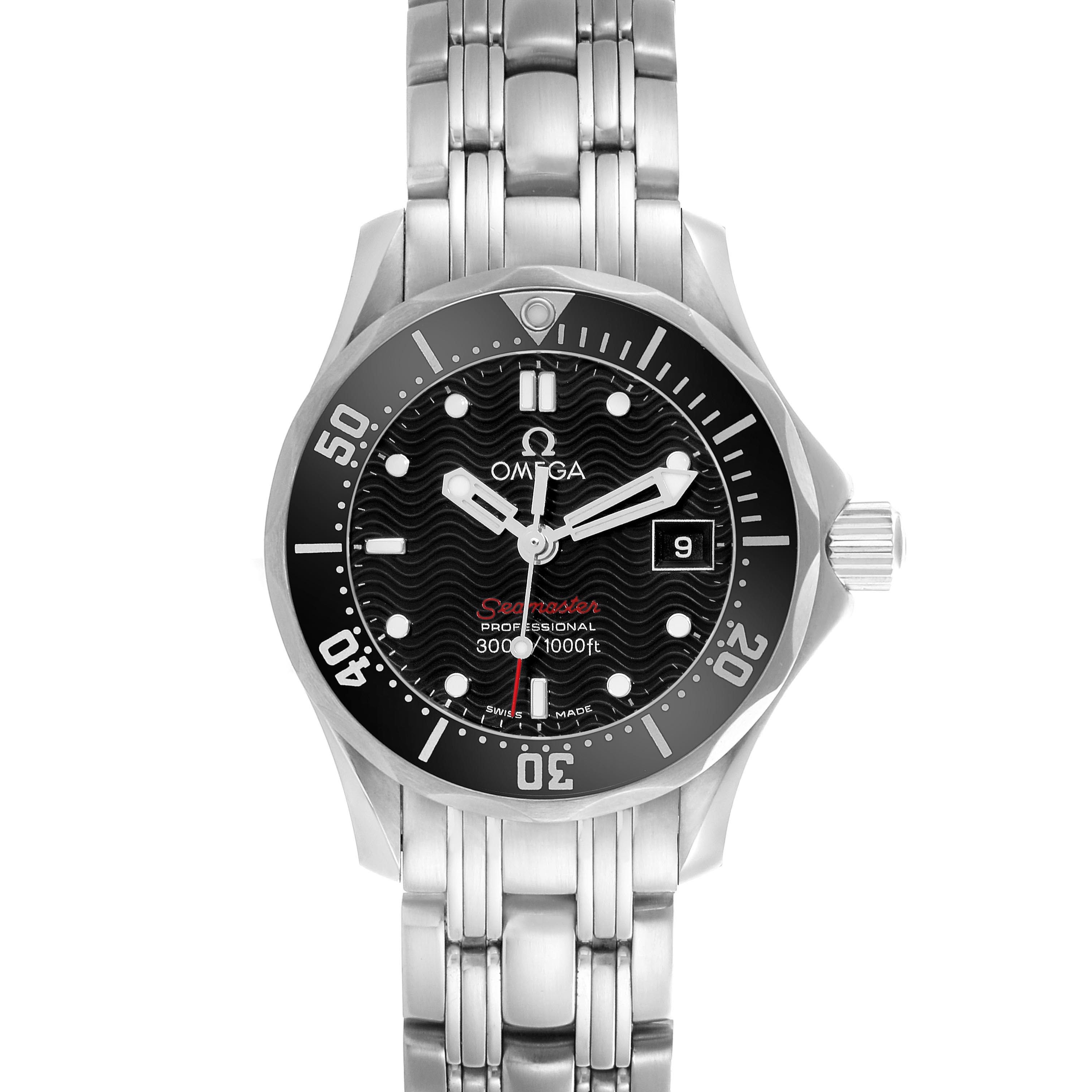 The Omega 212.30.28.61.01.001 Women's Stainless Steel Black Dial 212.30.28.61.01.001 Women's Stainless Steel Black Dial Seamaster Diver Quartz is shown from the front, displaying its face, bezel, and bracelet.
