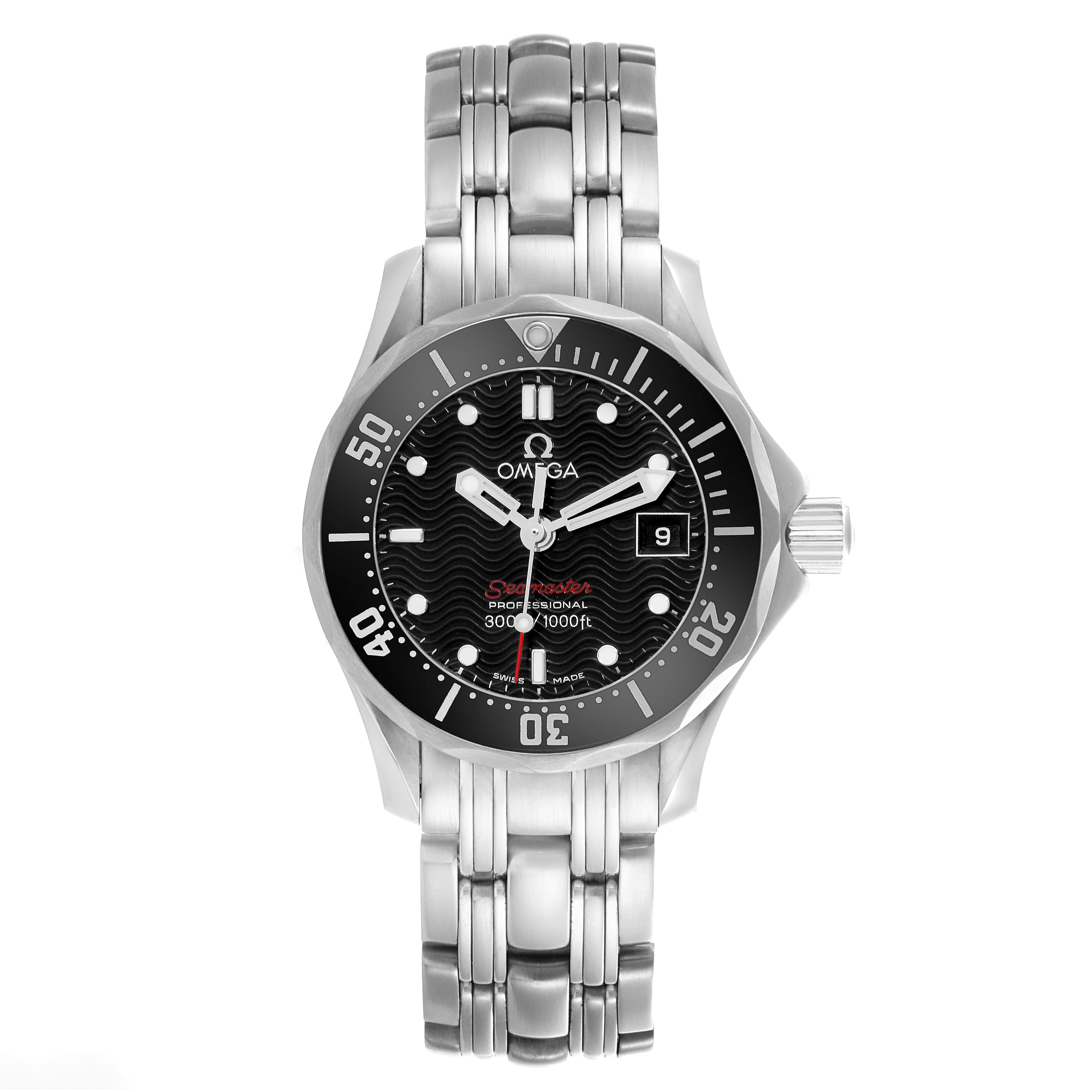 The Omega 212.30.28.61.01.001 Women's Stainless Steel Black Dial 212.30.28.61.01.001 Women's Stainless Steel Black Dial Seamaster Diver Quartz Ladies Watch is shown from a front angle, displaying the face, bezel, and metal bracelet.