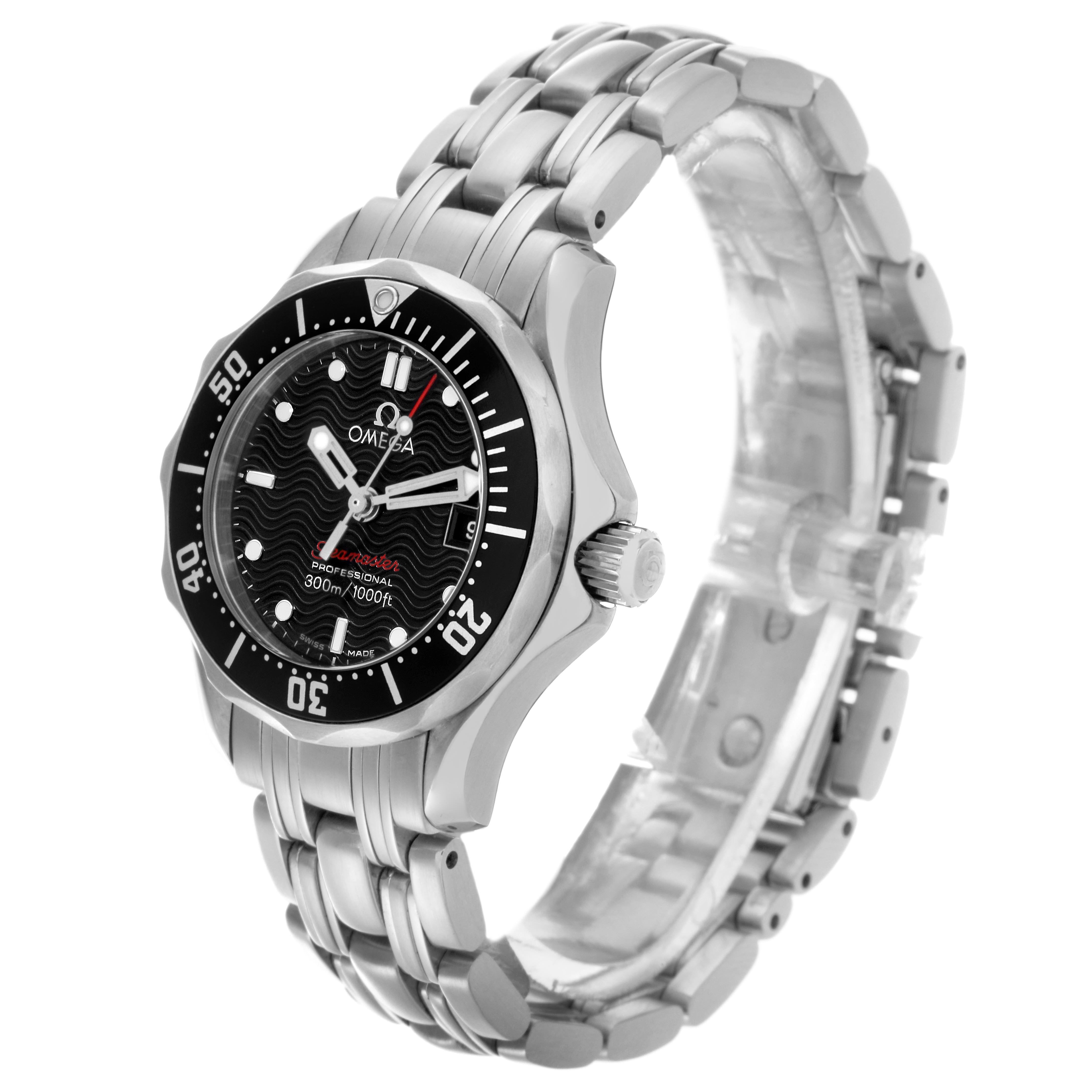 The Omega 212.30.28.61.01.001 Women's Stainless Steel Black Dial 212.30.28.61.01.001 Women's Stainless Steel Black Dial Seamaster Diver Quartz Ladies Watch is shown at an angle highlighting the dial, bezel, crown, and metal bracelet.