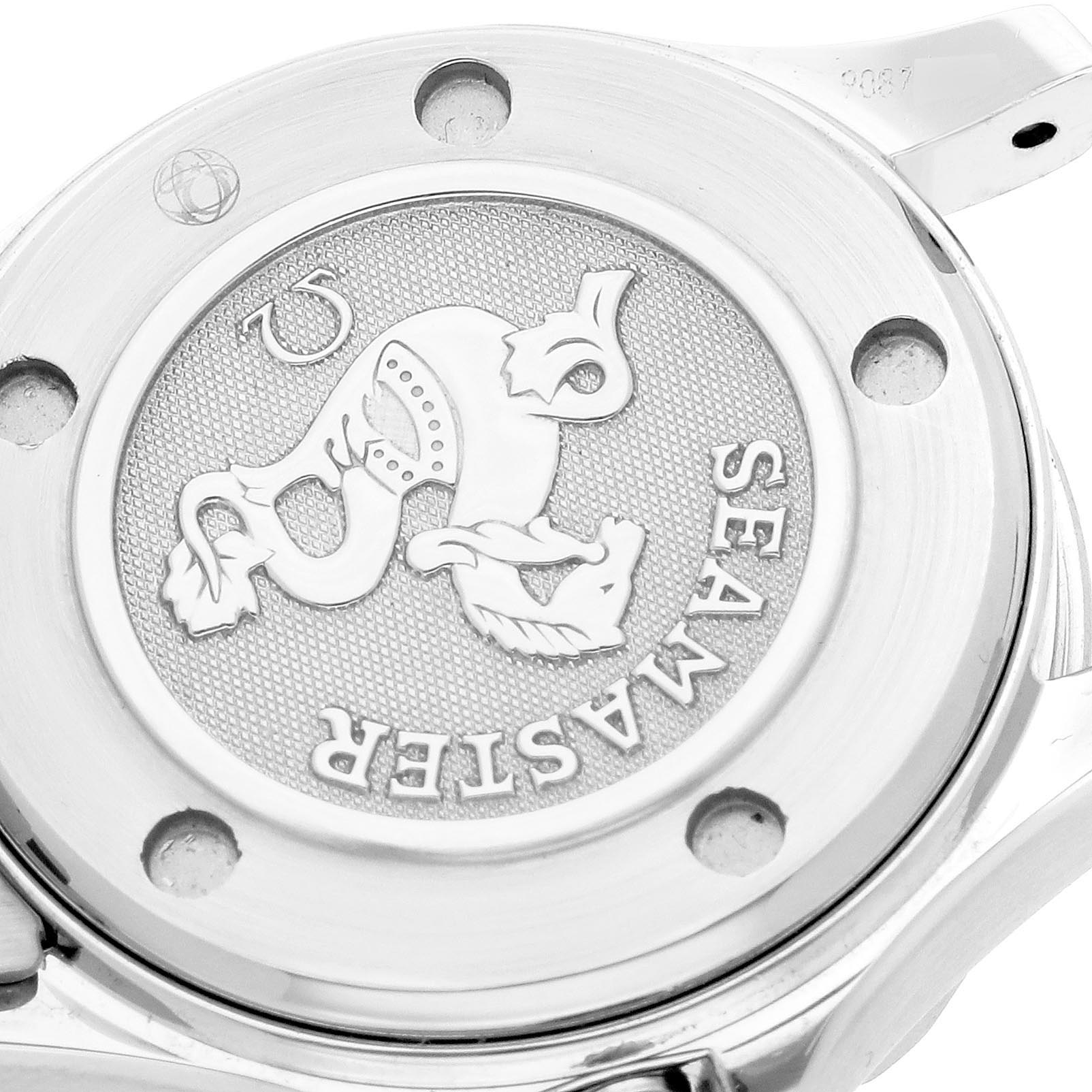 The image shows the case back of the Omega 212.30.28.61.01.001 Women's Stainless Steel Black Dial 212.30.28.61.01.001 Women's Stainless Steel Black Dial Seamaster Diver Quartz Ladies Watch, featuring embossed engravings and detailing.