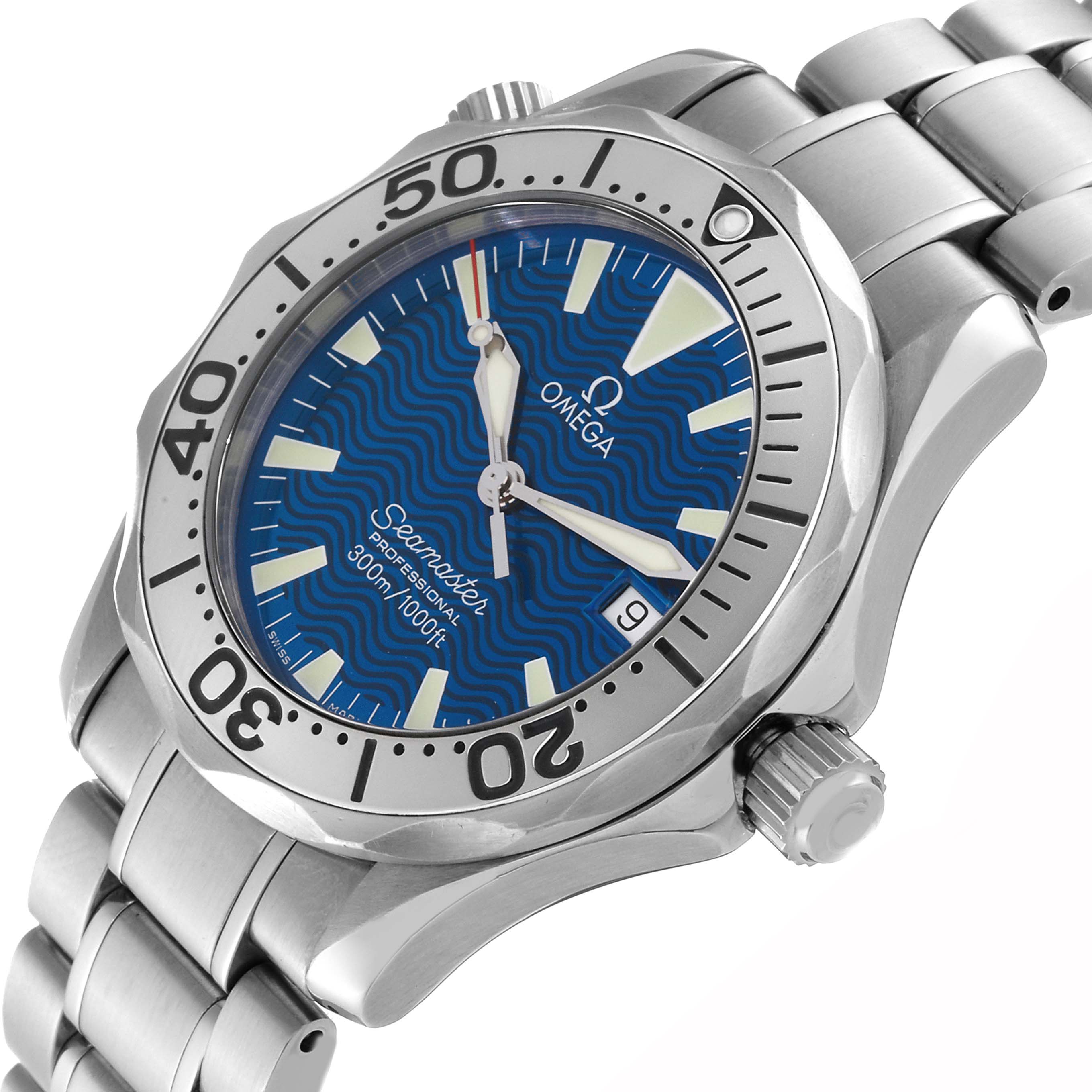 The image shows an Omega Seamaster 2263.80.00 Men
s Stainless Steel Blue Dial 2263.80.00 Men
s Stainless Steel Blue Dial watch from an angled side view, highlighting the dial, bezel, crown, and part of the stainless steel bracelet.