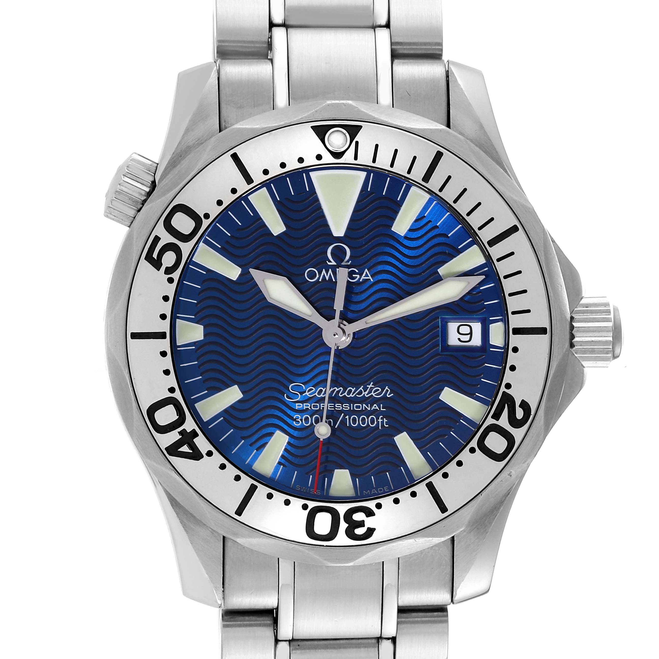 Front view of an Omega Seamaster 2263.80.00 Men
s Stainless Steel Blue Dial 2263.80.00 Men
s Stainless Steel Blue Dial watch showing the face, bezel, crown, and part of the metal bracelet.