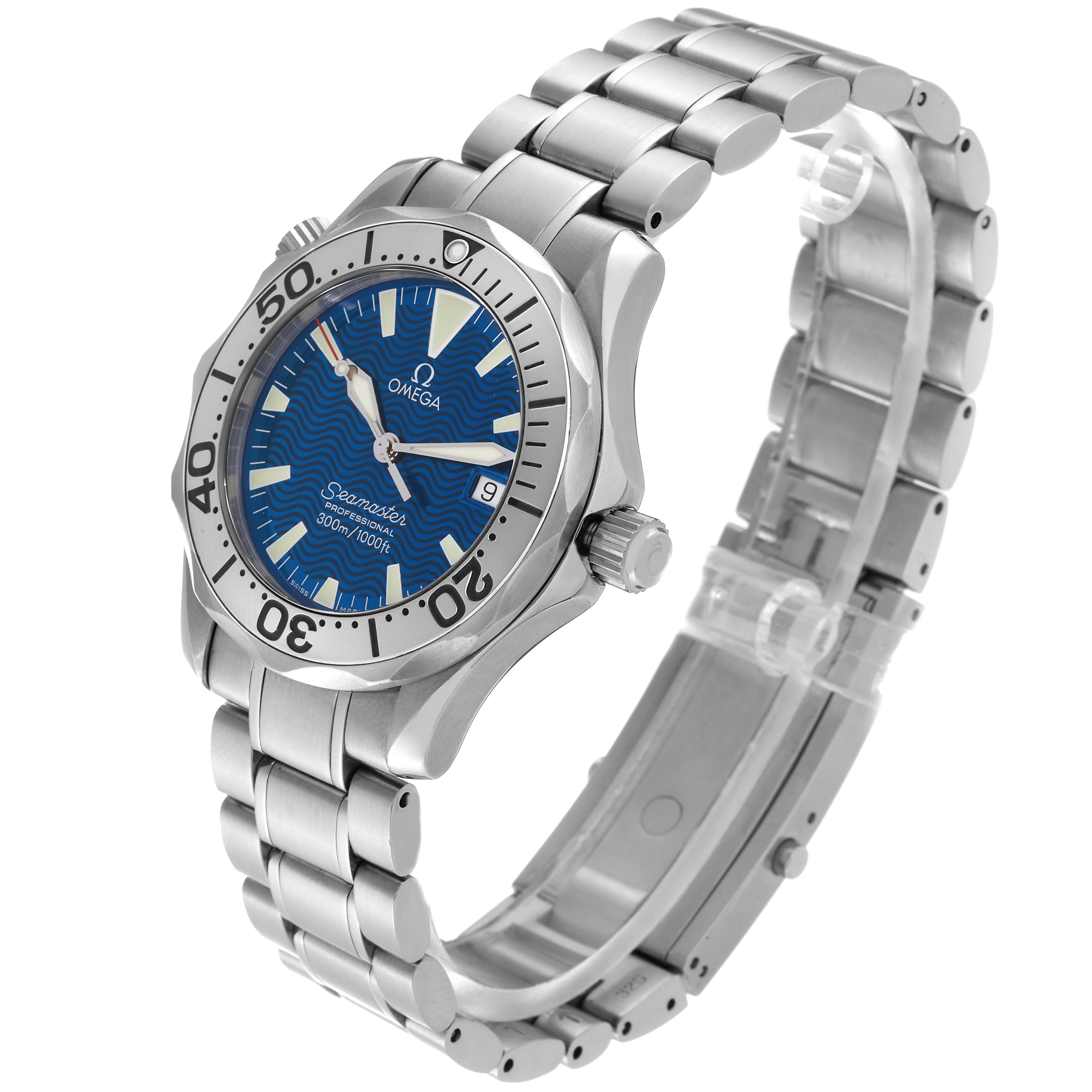 The image shows an Omega Seamaster 2263.80.00 Men
s Stainless Steel Blue Dial 2263.80.00 Men
s Stainless Steel Blue Dial watch at a three-quarter angle, highlighting the face, bezel, crown, and stainless steel bracelet.
