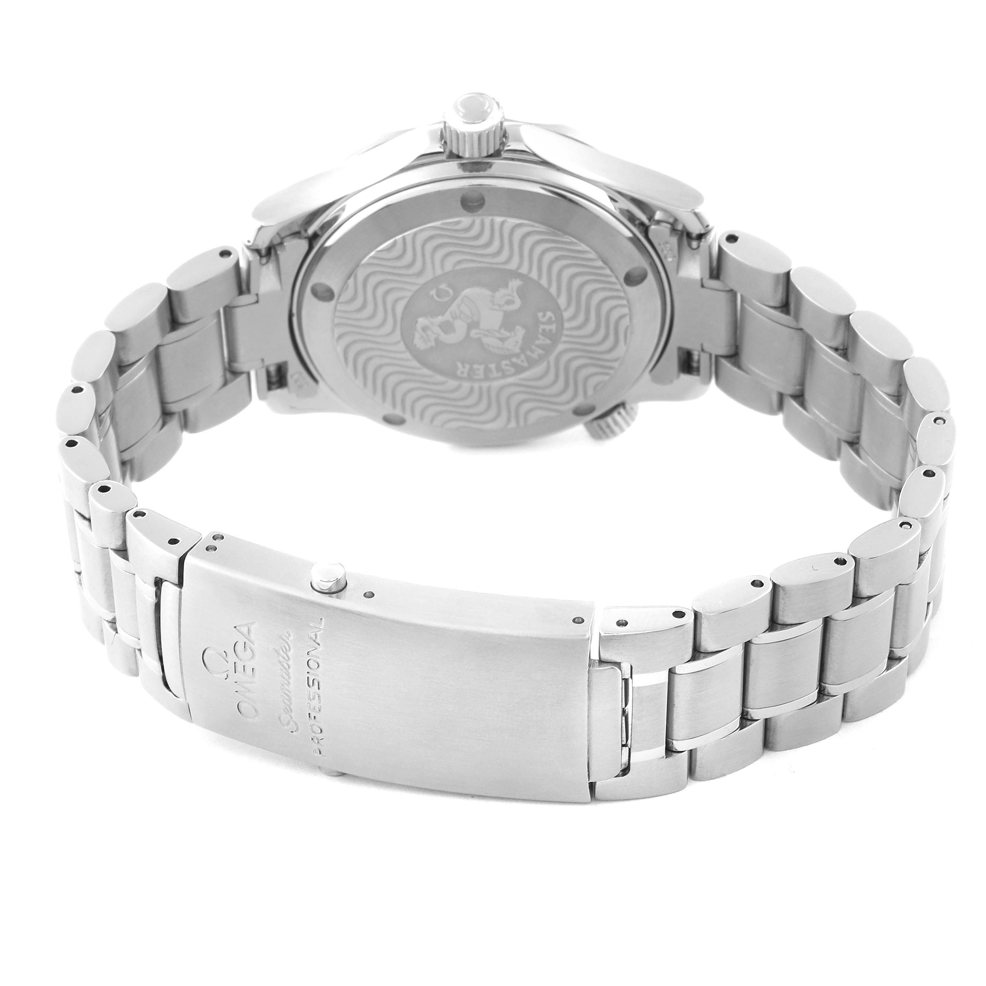 The image shows the back view of the Omega Seamaster 2263.80.00 Men
s Stainless Steel Blue Dial 2263.80.00 Men
s Stainless Steel Blue Dial watch, highlighting its caseback and bracelet with the clasp fully visible.