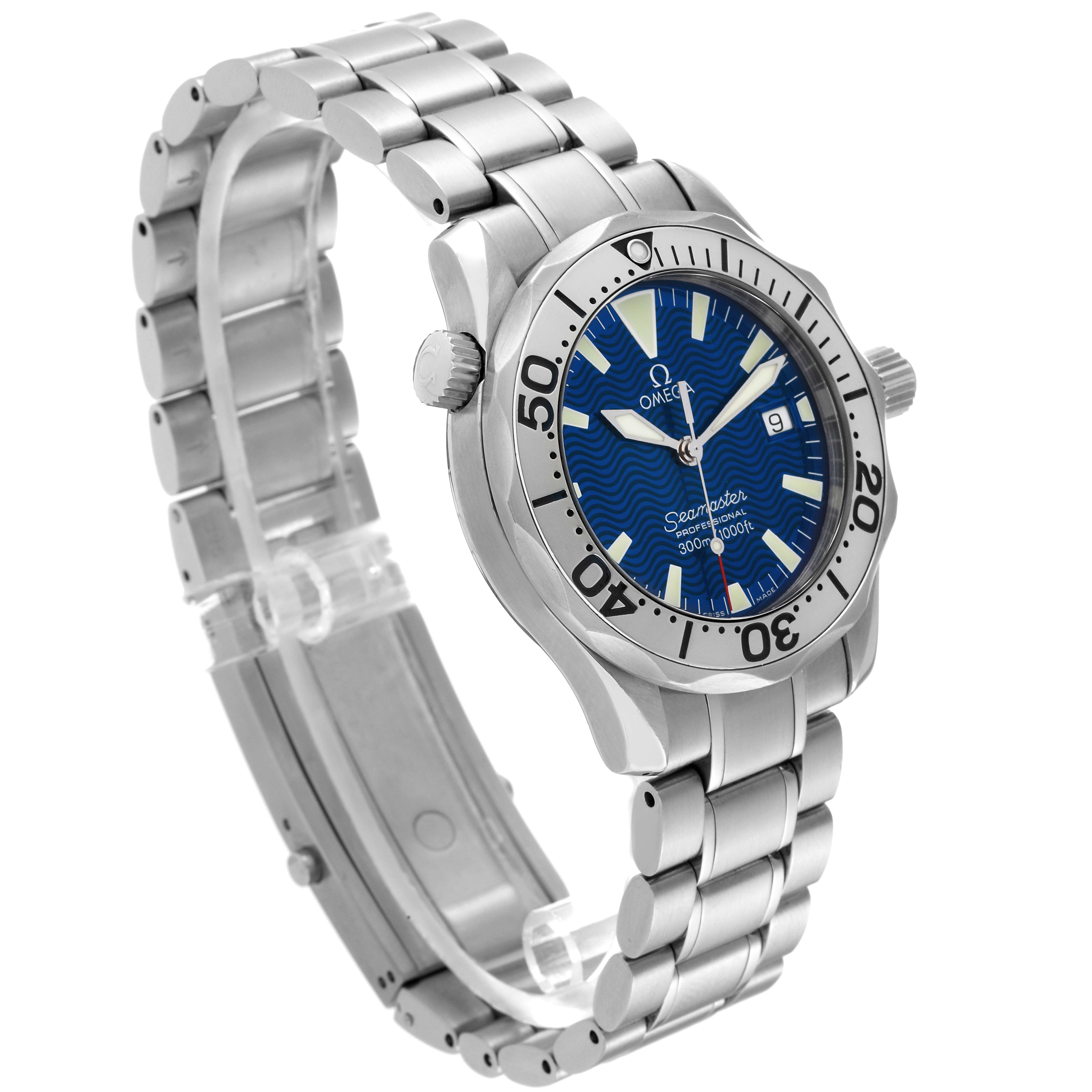 The image shows an Omega Seamaster 2263.80.00 Men
s Stainless Steel Blue Dial 2263.80.00 Men
s Stainless Steel Blue Dial watch angled to display the face, bezel, crown, and metal bracelet.